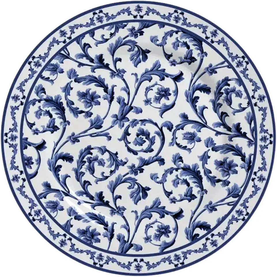 Prato Parede Decorativo Cerâmica Mandala Arabesco Azul e Branco com Suporte Diâmetro 20,5cm