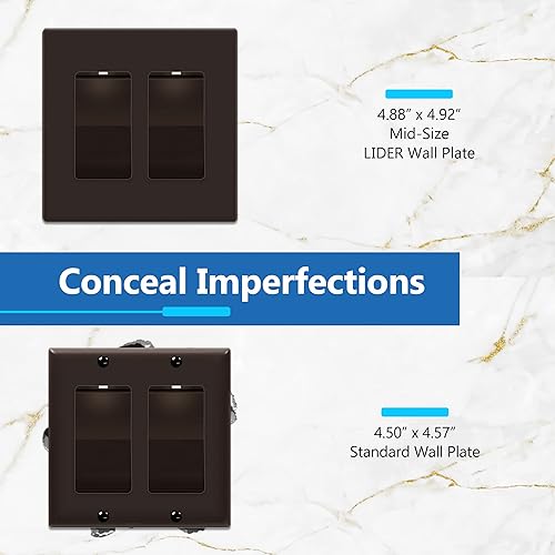 Miniatura 135 de LIDER - Cubierta decorativa de interruptor doble con acabado mate, placa de pared sin tornillos, tamaño mediano, 2 bandas, 4.88 x 4.92 pulgadas