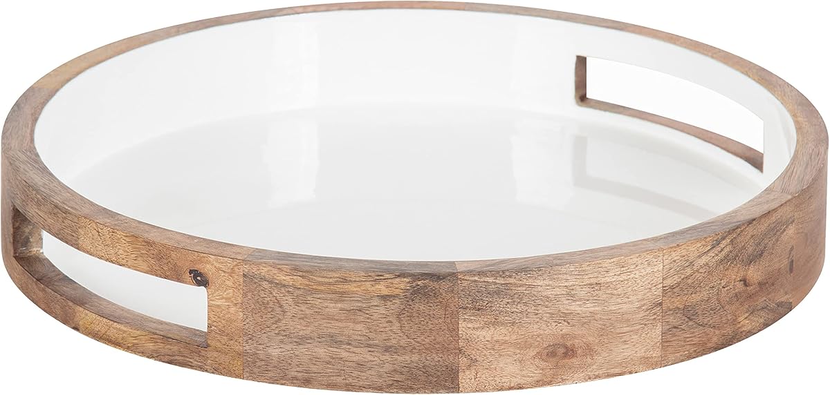Kate and Laurel Ehrens Boho Wood Tray, 15 Inch Diameter, Natural and White, Round Accent Tray for Transitional Decor