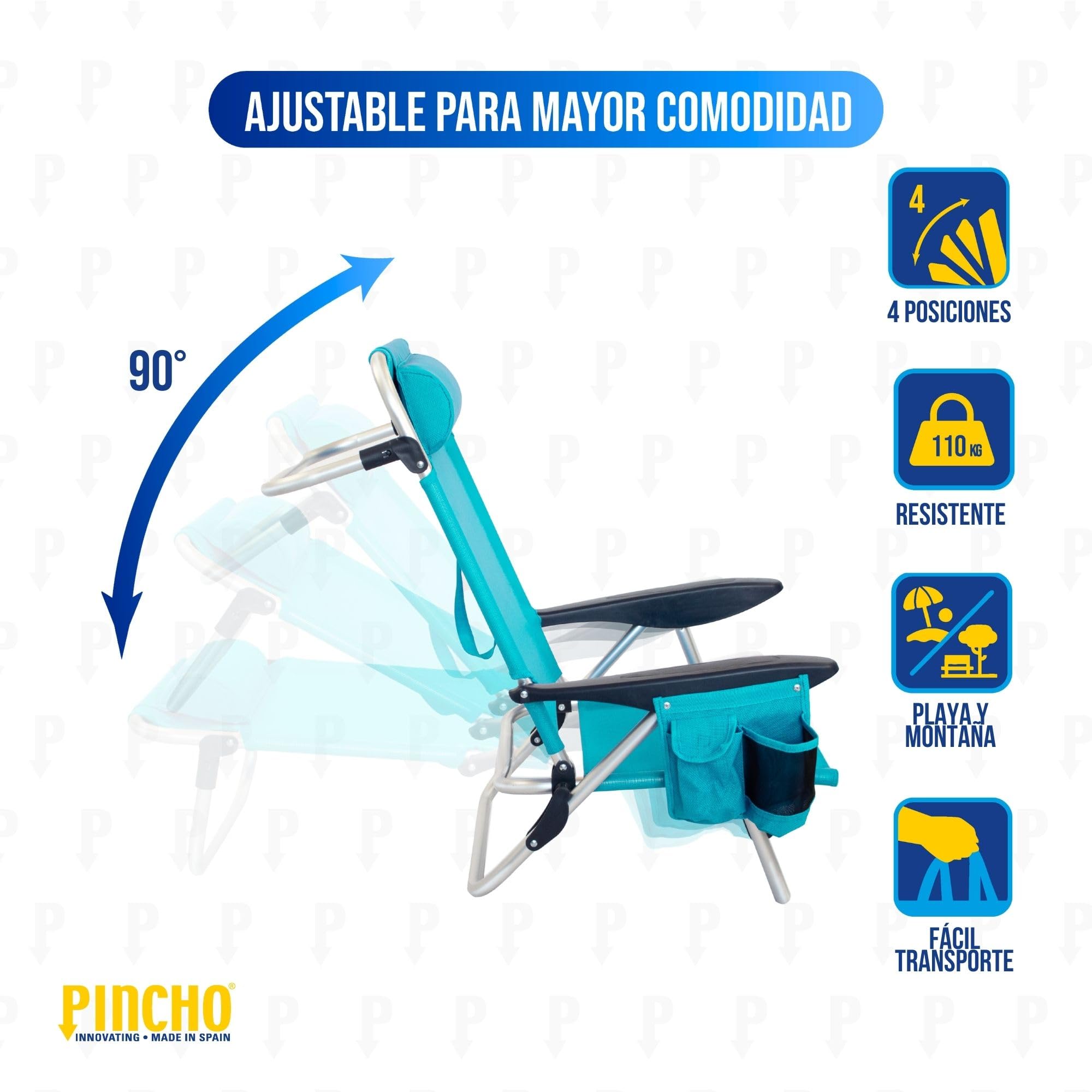 Pincho Silla de Playa Plegable 4 Posiciones Plegable con Cojin Ajustable y Bolsillos Portaobjetos Estructura de Aluminio Tejido Transpirable Resistente hasta 110 kg
