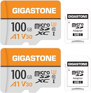 GIGASTONE 100GB Micro SD Card 2-Pack, A1 V30, 4K Video Recording, Compatible with Security Camera, Dash Cam, Drone, 100MB/s MicroSDXC Memory Card UHS-I V30 Class 10, with Adapter
