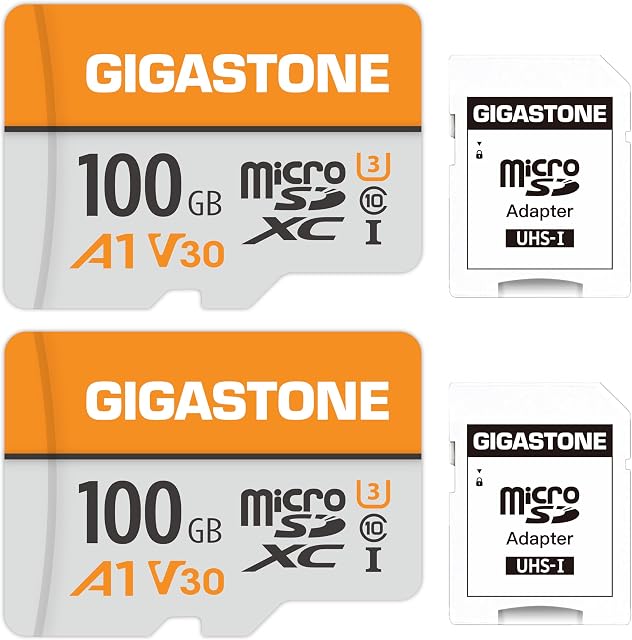 GIGASTONE 100GB Micro SD Card 2-Pack, A1 V30, 4K Video Recording, Compatible with Security Camera, Dash Cam, Drone, 100MB/s MicroSDXC Memory Card UHS-I V30 Class 10, with Adapter