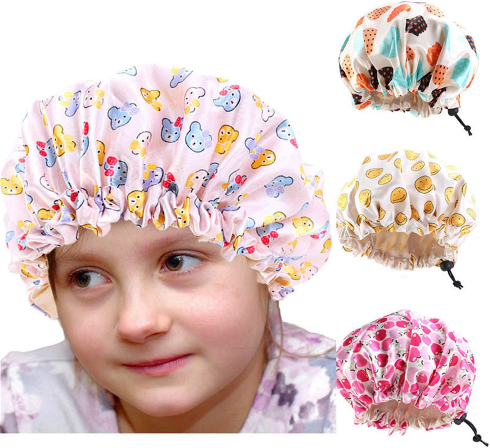 Kids Silky Satin Bonnet Double Layer Adjustable Flower Sleep Cap Girl Night Turban Children Solid Headwear Cute Hat