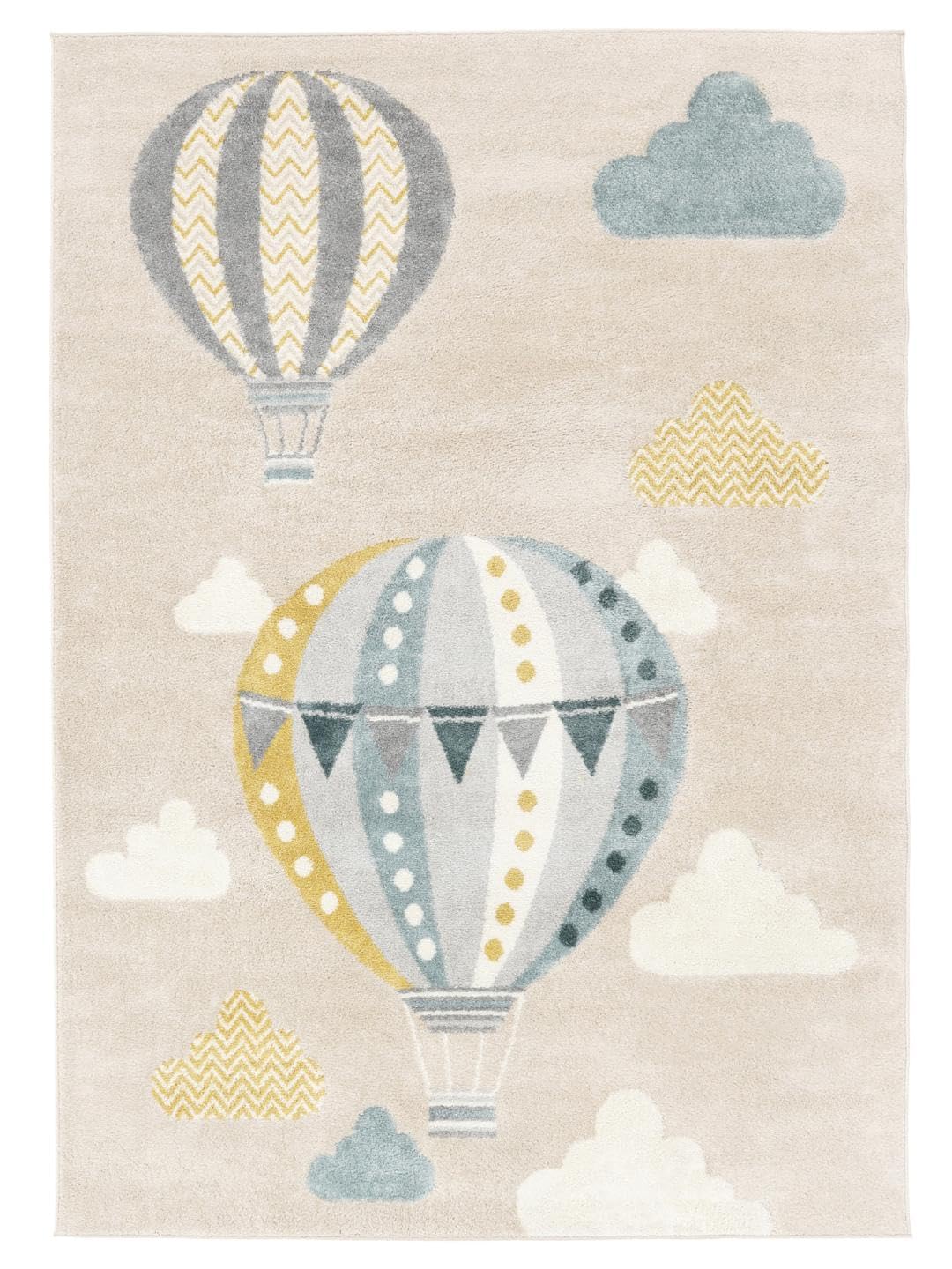 RugVista Balloon Ride, Alfombra Infantil, 100 x 160 cm, Alfombra para niños, Alfombra de Juegos Bebe, Diseño Moderno, Pelo Corto, Sin sustancias nocivas, Beige/Azul OEKO-TEX STANDARD 100