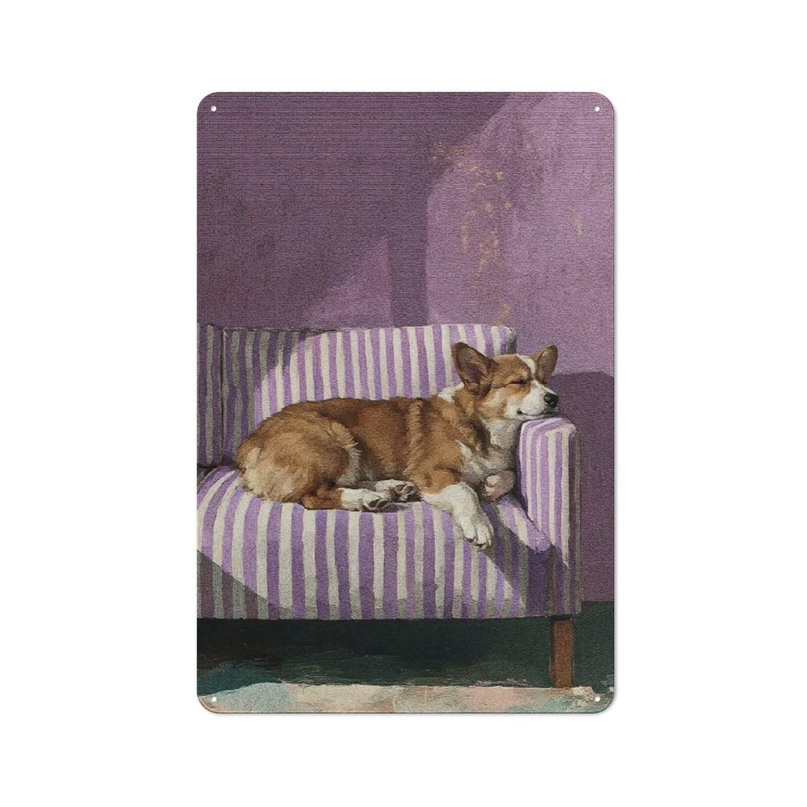 Junmoney Style-16 Sleeping Corgi On Striped Couch Vintage Tin Sign 30X20cm For Café Or Restaurant, Suited To Café Owners And Decorators