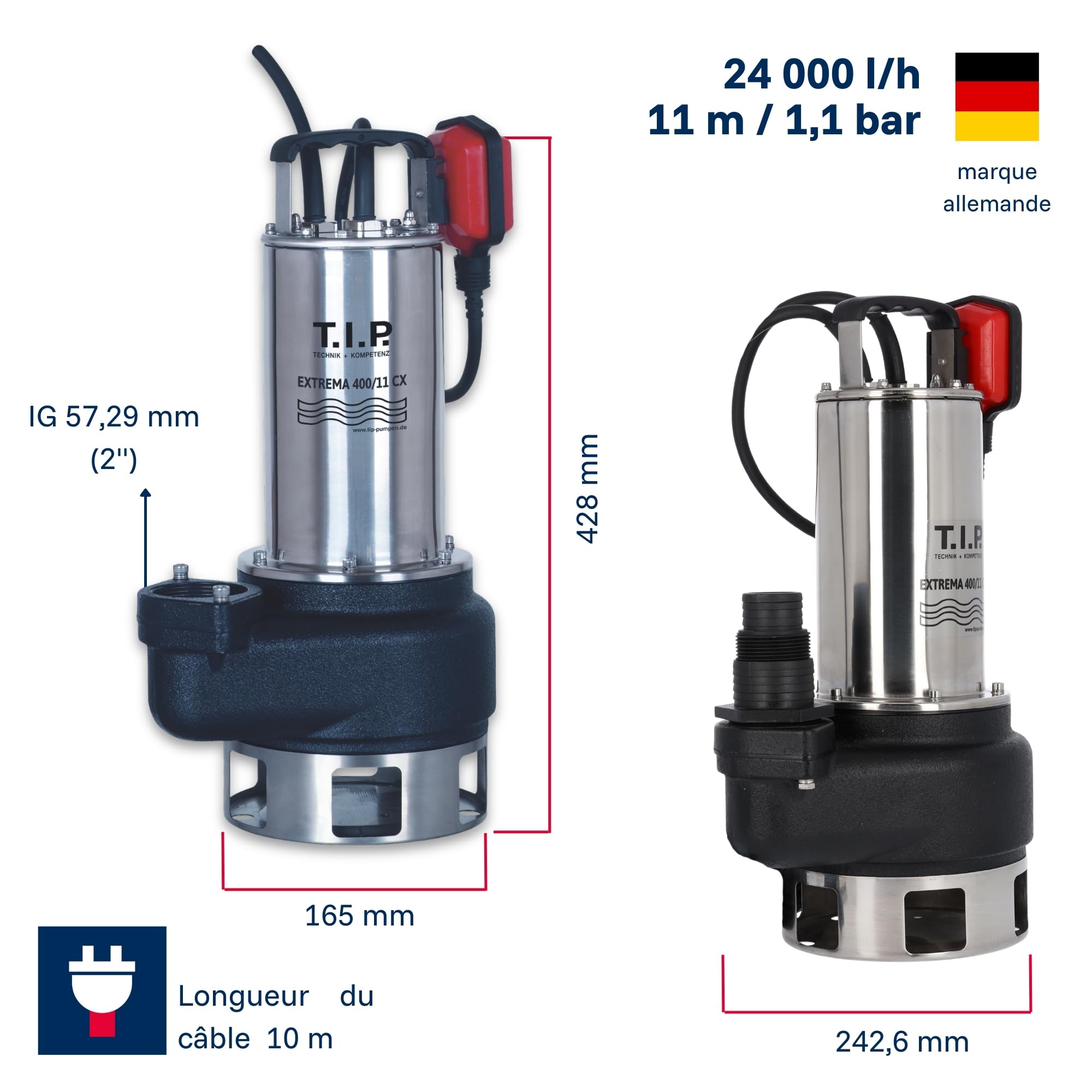 T.I.P. Extrema 400/11 Pro Pompe Submersible pour Eaux Usées Débit 24000 l/h Hauteur de Refoulement 11 m Puissance 1500 W en Inox et Roue en Fonte Pour Fonctionnement Continu Couleur Noir Argent
