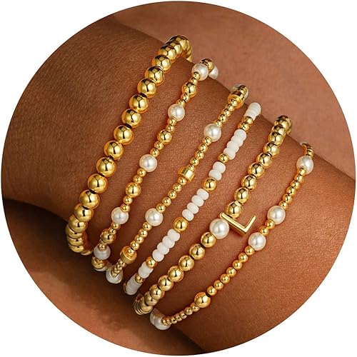 Turandoss 6PCS Beaded Initial Bracelets for Women Girls Jewelry Gifts - 18K Gold Plated Beaded Initial Letter Bracelet for Girls Women Initial A-Z Stretch Bead Stackable Bracelet Jewelry Set Gifts