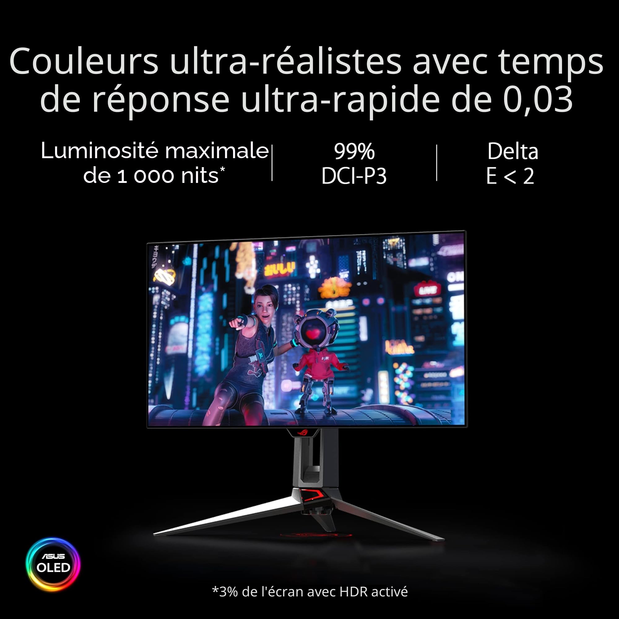 ASUS ROG Swift OLED PG27AQDM –Moniteur Gaming 27" (26,5 Pouces Visibles), 1440p, 240 Hz, réponse 0,03 ms, G-Sync, antireflet, dissipateur Thermique personnalisé, 99% DCI-P3, DisplayWidget Center