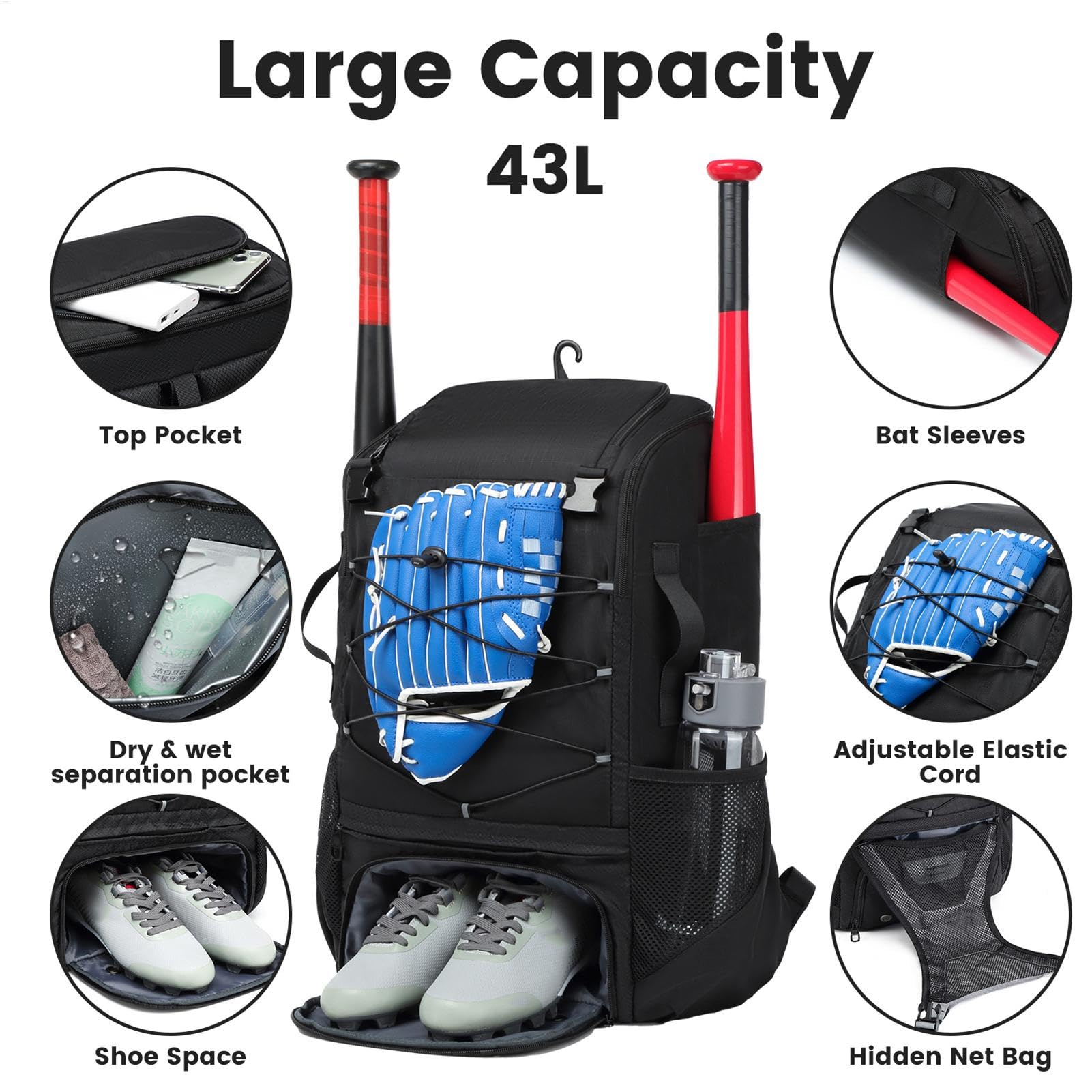 Baseball-Ausrüstungstasche, wasserdichter Baseball- und Softball-Rucksack, 53,3 x 35,6 x 22,9 cm, große Kapazität, Sporttasche mit Schuhfach, für Jugendliche, Jungen und Erwachsene