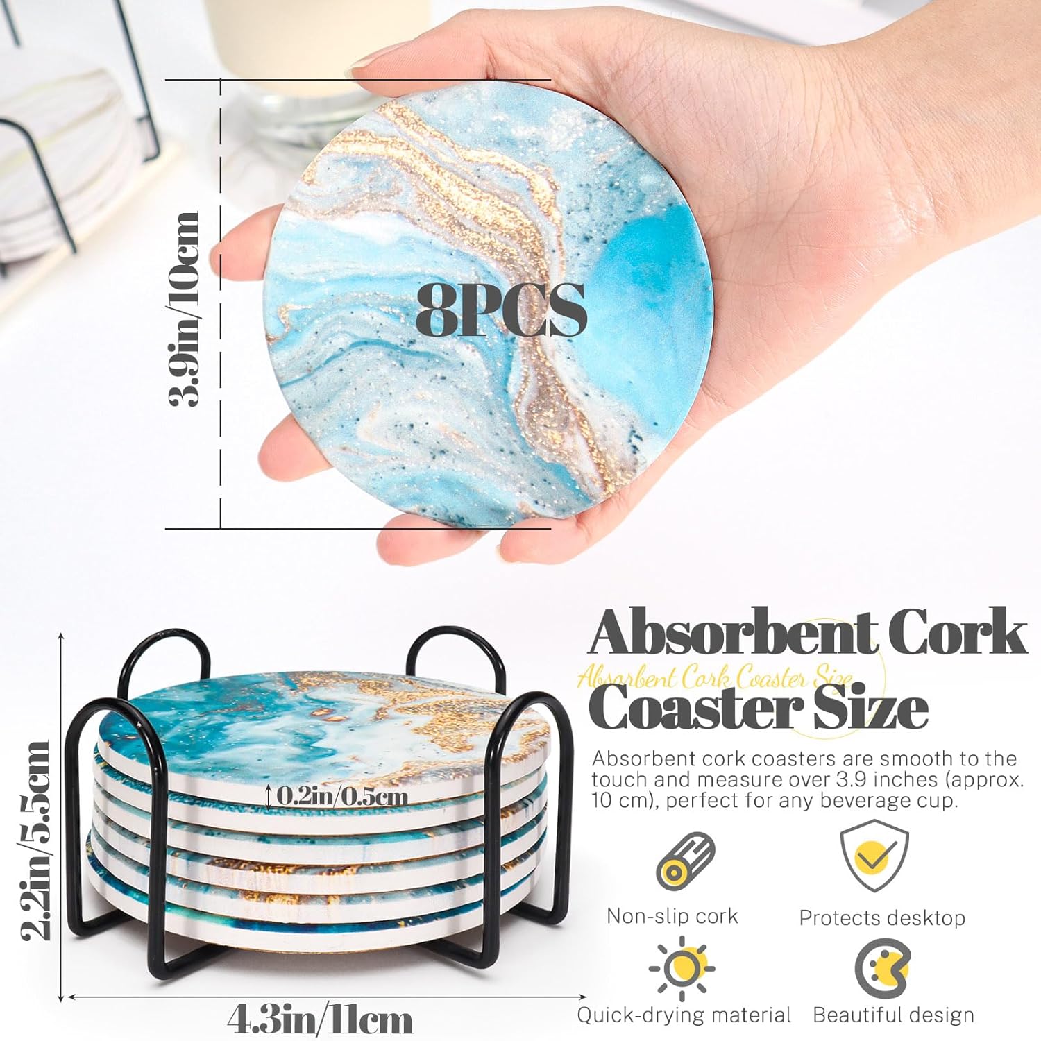 LELE LIFE ドリンク用吸収コースター8枚セット モダンブルーマーブルセラミックコースター ホルダーとコルクベース付き ユニー