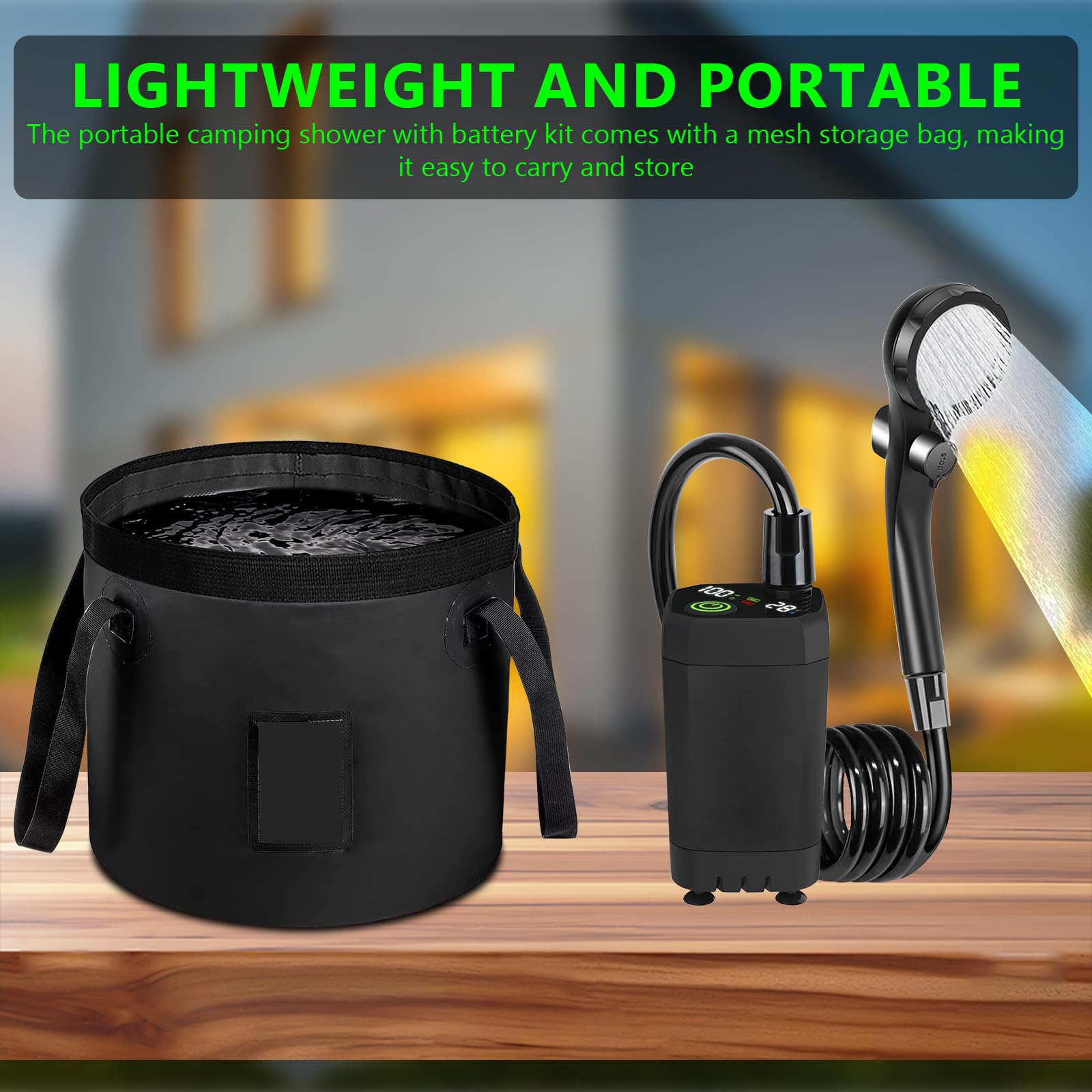 GBKDQQ Doccia da Campeggio Portatile, Doccia da Campeggio con Batteria da 6000mAh, Secchio Pieghevole da 20L, Indicatore di Temperatura, Testa Doccia e Tubo da 2m per Lavaggio Auto, Giardino, Spiaggia