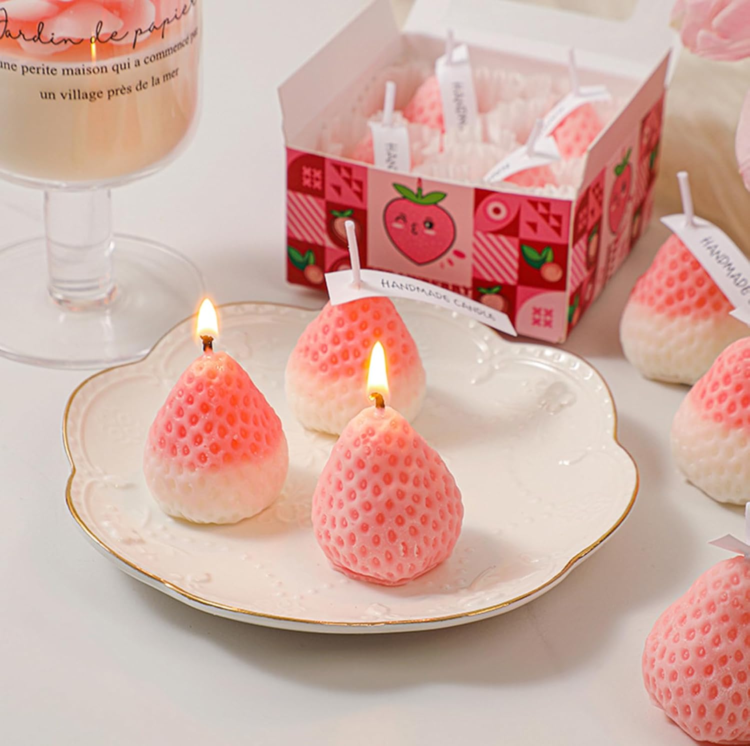 Strawberry Shaped Scented Candle,4PACK 75G Fruit Aroma Soy Wax Decorative Candle for Table Photo Prop Birthday Gift,Prefect for Meditation Stress Relief Mood Boosting Bath Yoga (Pink&White) image 3