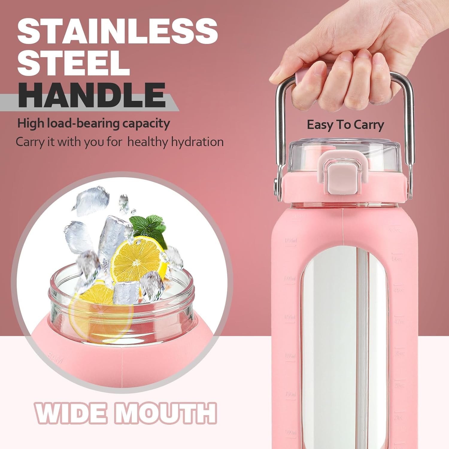 BLUEGO 64oz Water Bottle Glass with Stainless Steel Handle Large Water Bottle with Time Markers and Silicone Sleeve Half Gallon Water Jug BPA Free for Gym Daily Use, Pink - Image 7