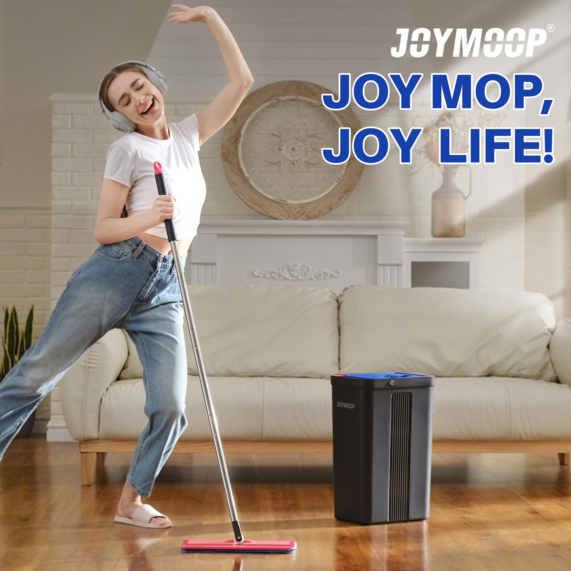 JOYMOOP set mocio lavapavimenti e secchio con strizzatore, 4 panni in microfibra lavabili, uso a secco e umido, sistema pulizia pavimenti - Nero + Rosso + Blu Ardesia