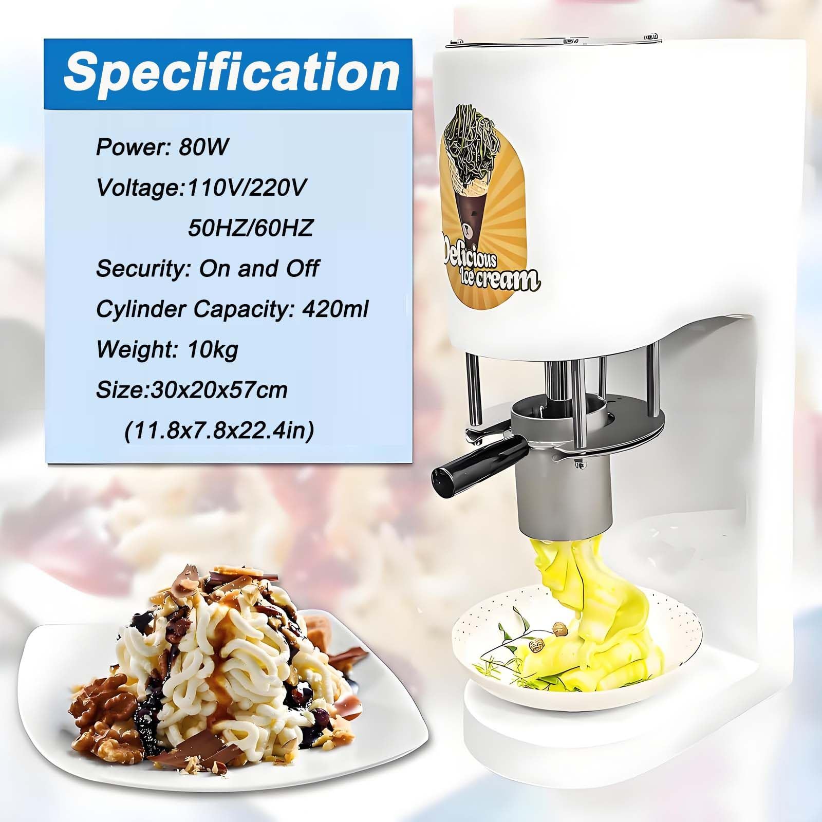Máquina mezcladora de Helado Comercial, prensadora de Helado de Espagueti, máquina para Hacer Helados con Forma de Fideos para heladerías, Bares, cafeterías, restaurantes y Snacks. White