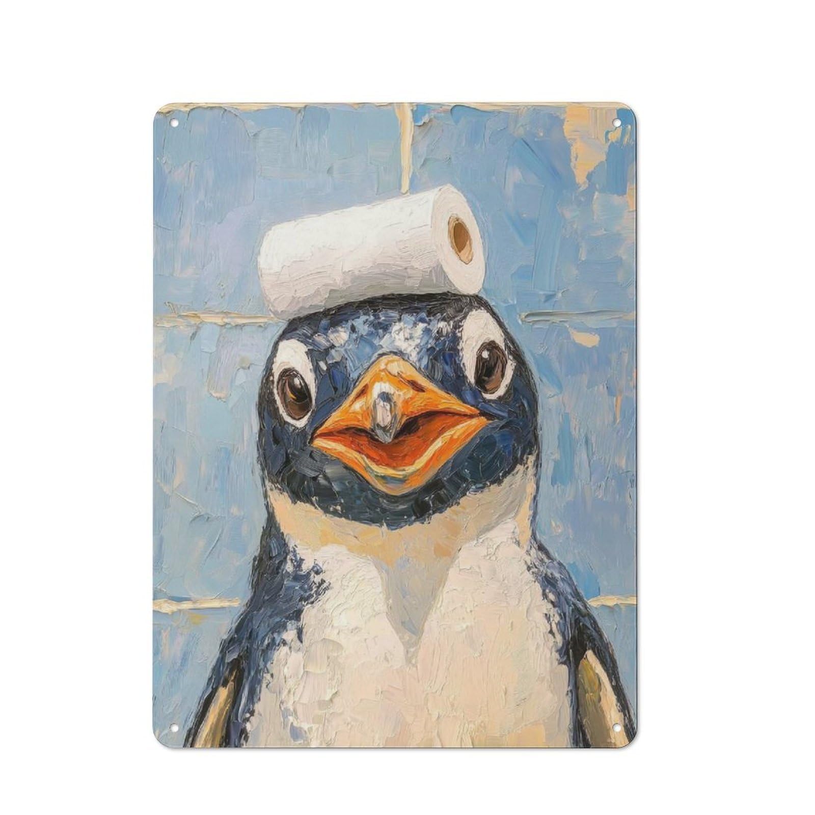 Junmoney Penguin With Toilet Paper Industrial-Style Metal Plaque 40X30cm For Hallway Wall, A Winter Wall Decor Update For Hallway Decor Lovers