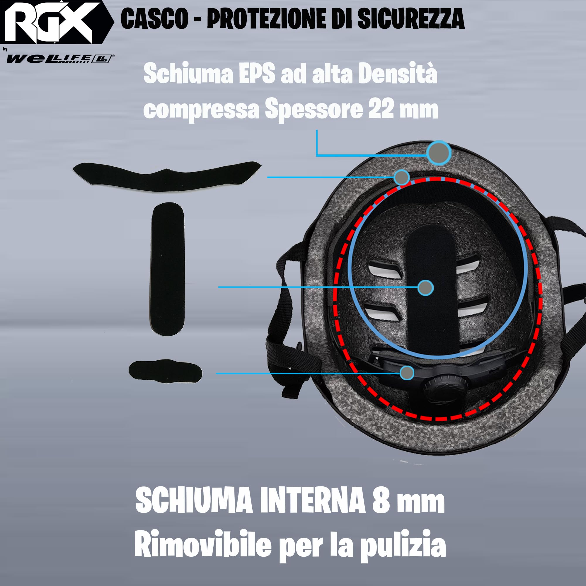 WeLLIFE Casco Regolabile per Ragazzi e Adulti Protezione Elmetto Nero RGX adatto per Skateboard, Bici, Pattini Sicurezza Ideale Multi-Sport Leggero e Sicuro