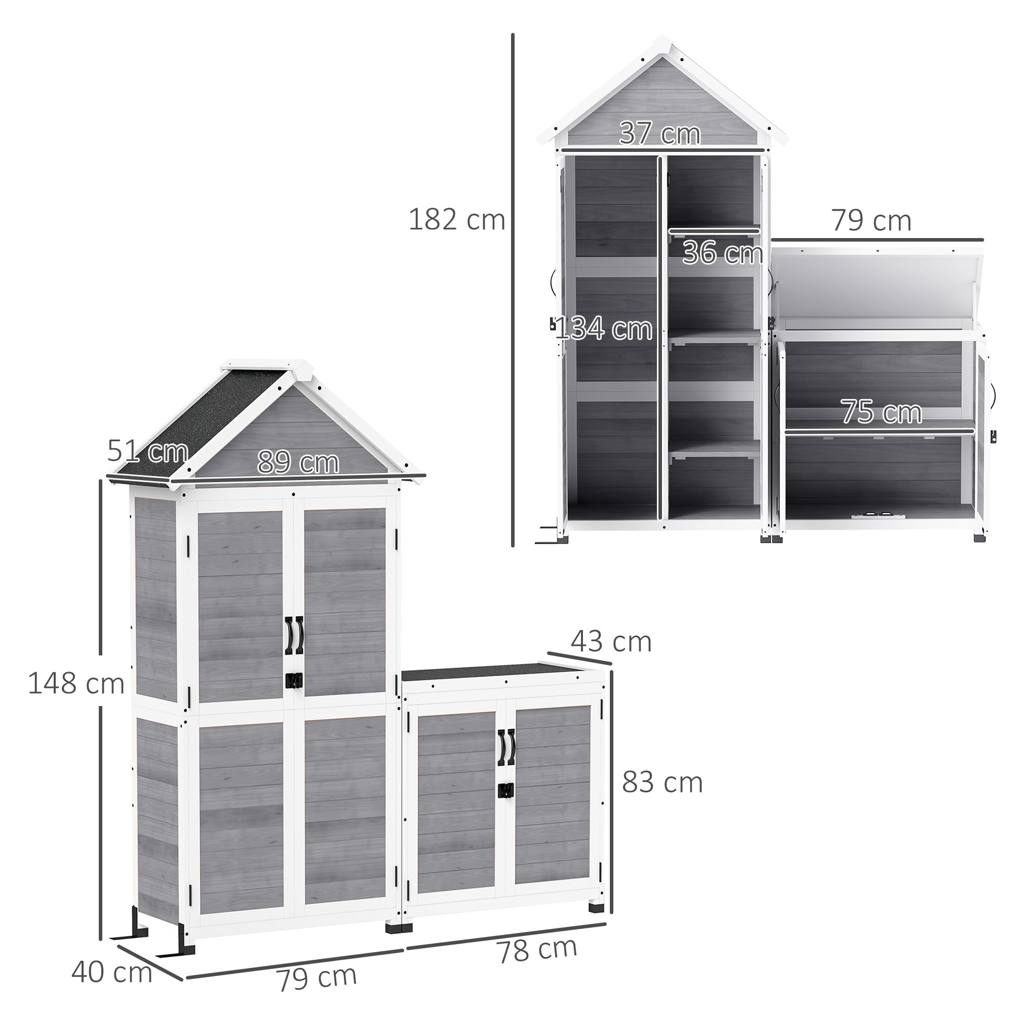 Outsunny Abri de Jardin + Armoire de Rangement en Bois, cabane de Jardin extérieur intérieur avec Toit incliné en Asphalte, étagères et Portes verrouillables, Armoire à Outils pour Balcon, Gris