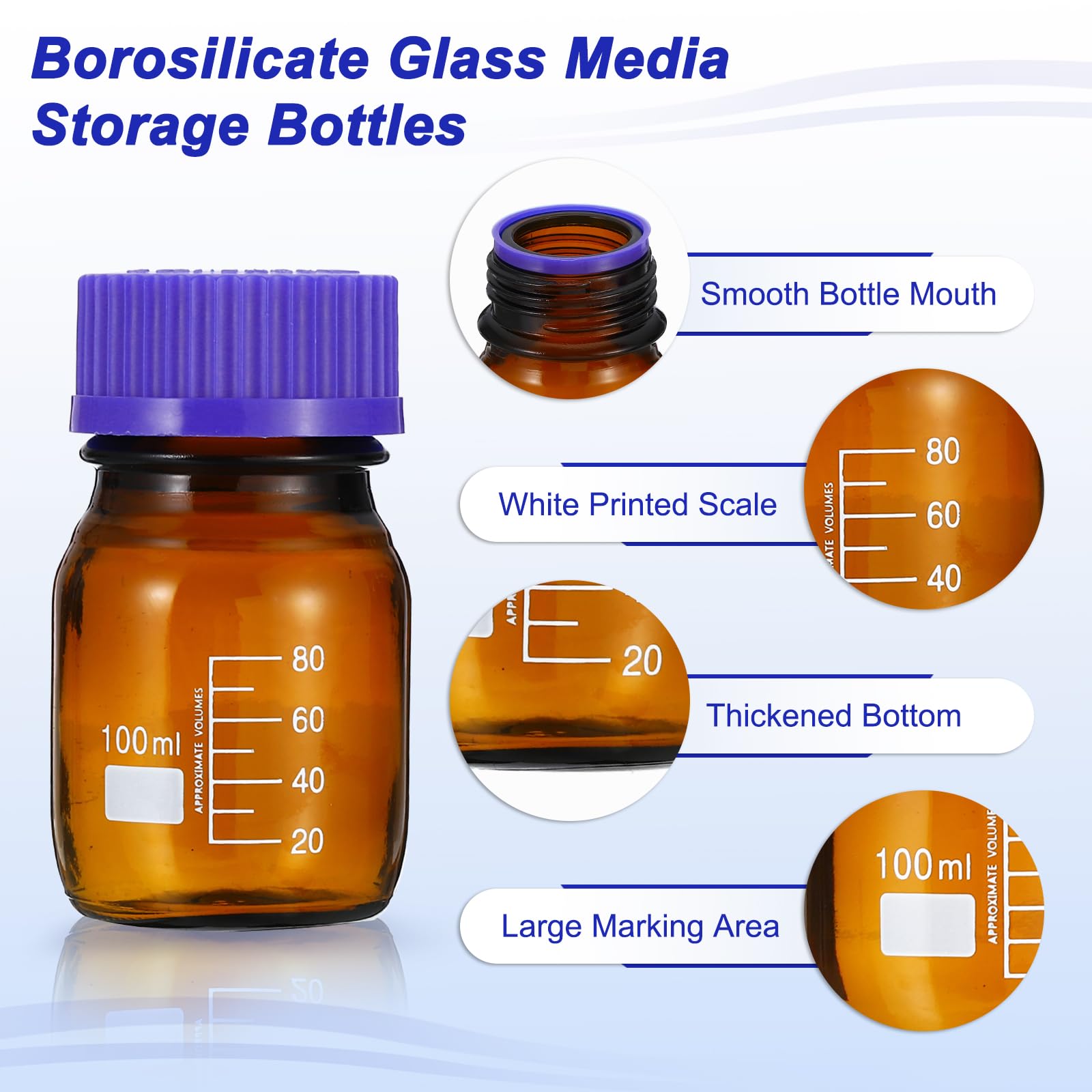 PATIKIL Flacone campione da 100 ml, confezione da 8 bottiglie per reagenti, in vetro borosilicato, rotonde graduate, con tappo a vite GL45 blu, per liquidi reagenti d'acqua di laboratorio, marrone