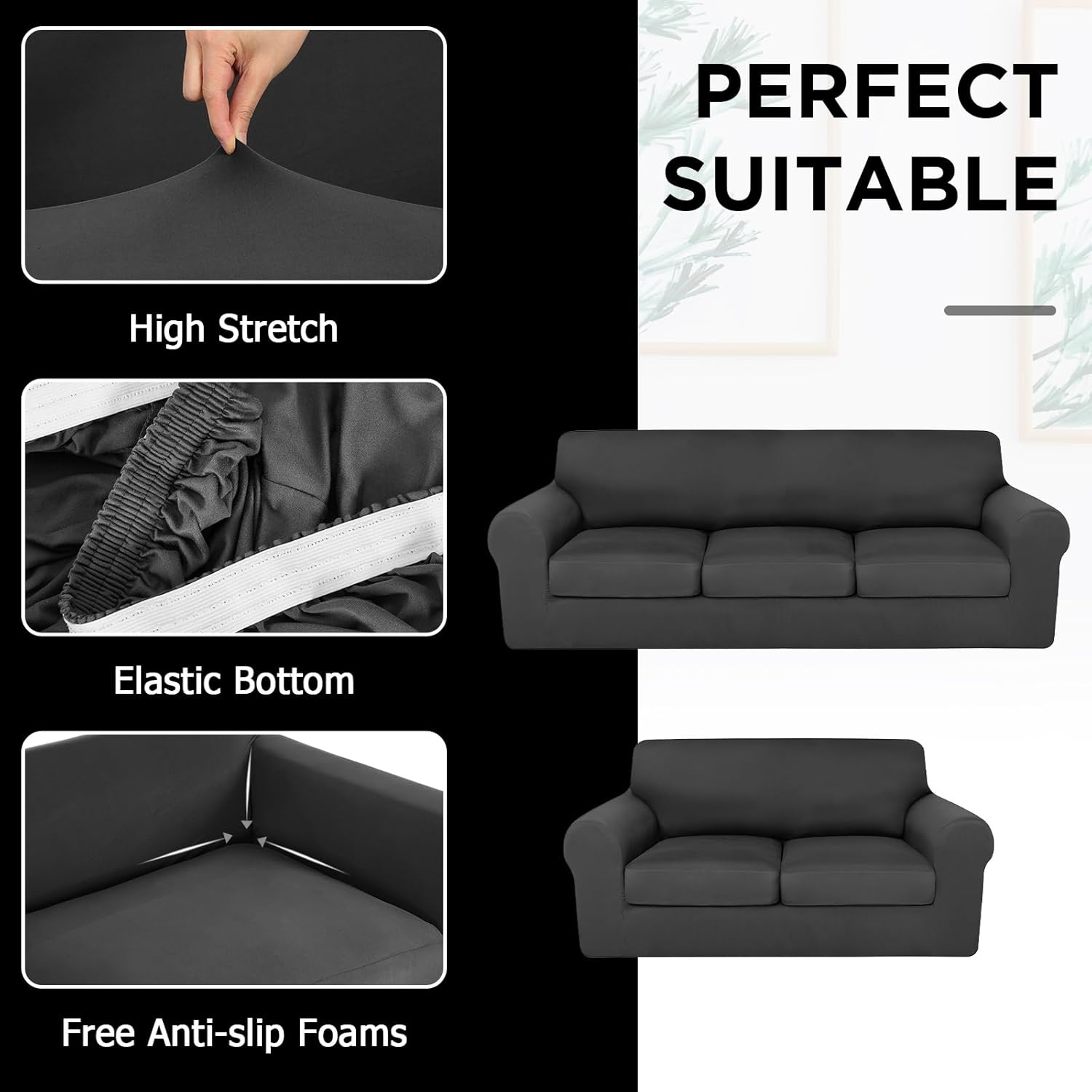 HunnmingRe Sofa Covers for 3 Cushion Couch Stretch Sofa and Loveseat Covers Set 2 Cushion Couch Cover Set Seat Slipcovers Furniture Protector for Living Room(5 Seats,Dark Grey)