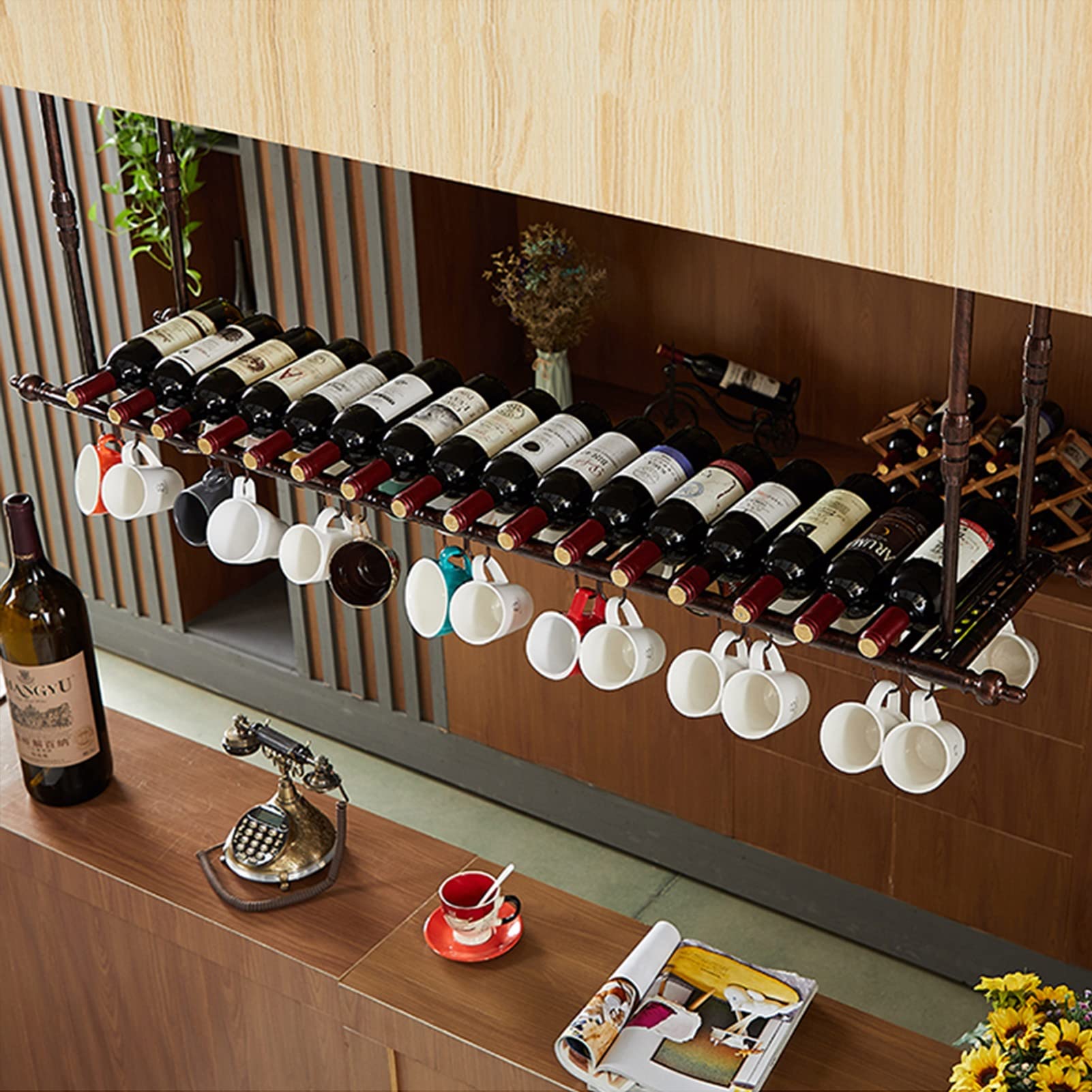 Soporte para copas de vino negro para colgar botellas de vino para el hogar, bar, restaurante, moderno estante de almacenamiento de copas de techo, marco decorativo