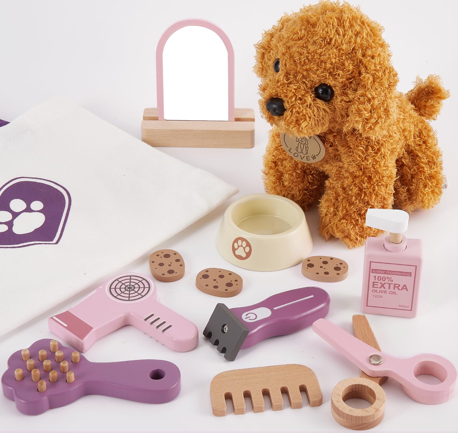 HYAKIDS Wooden Kids Vet Set Dog Grooming Toy, Girls Toys Age 3