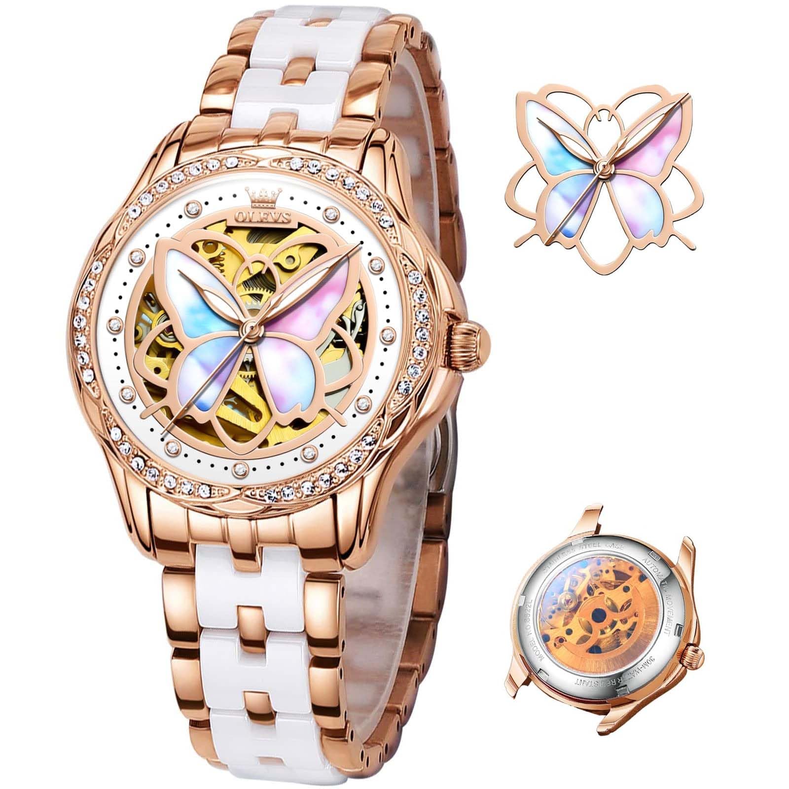 automatic ceramic women's watch rose gold heart butterfly