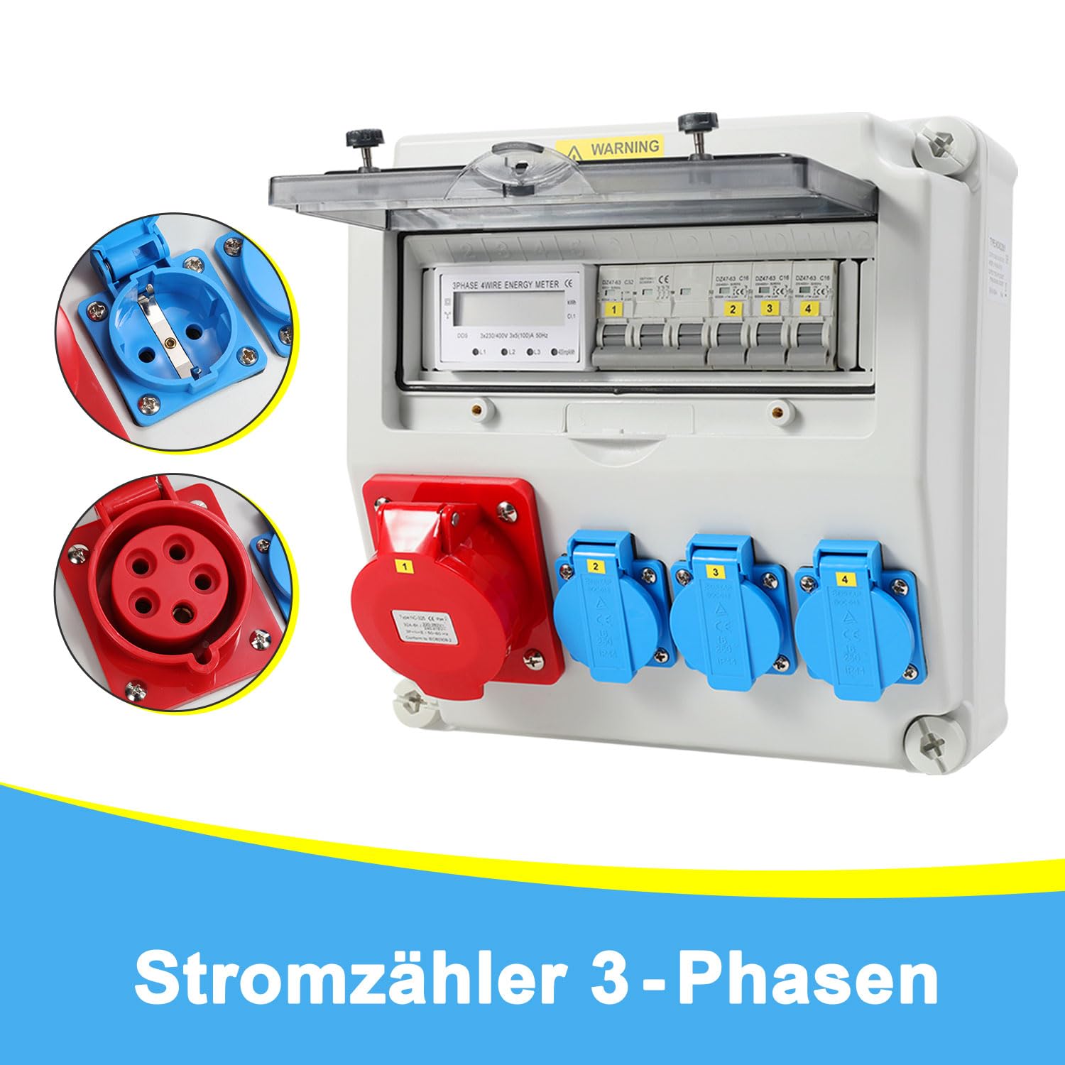 Distribuidor de pared, distribuidor de corriente para construcción, 3 x 16 A, 230 V, 1 x CEE+32 A, 5 pines con interruptor de protección MCB, distribución de corriente de 3 fases, IP44, con