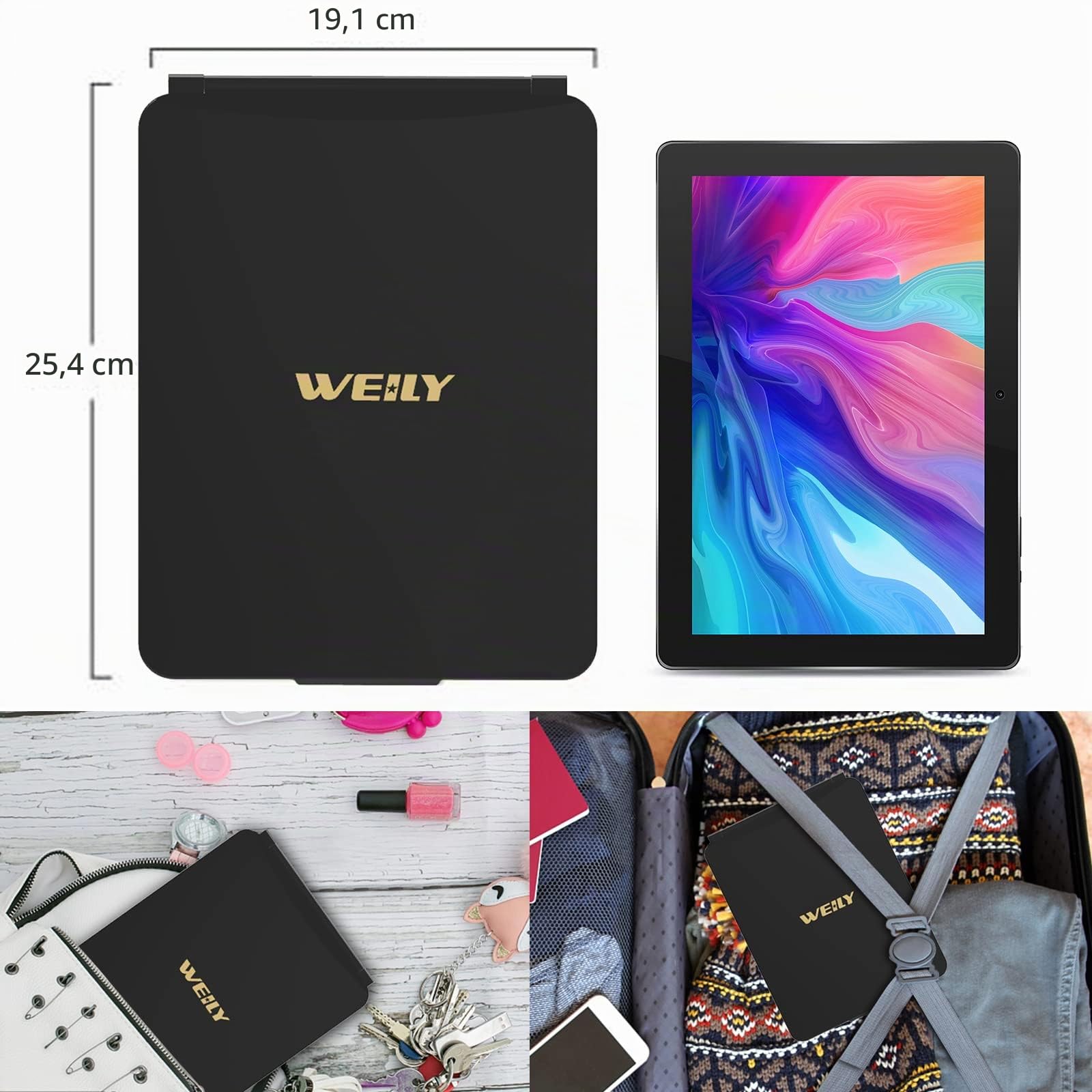 WEILY Specchio Trucco con 72 Luci LED, Touch Screen Tre Colori Regolabile, 2000 mAh USB Ricaricabile Specchio da Viaggio (Nero)
