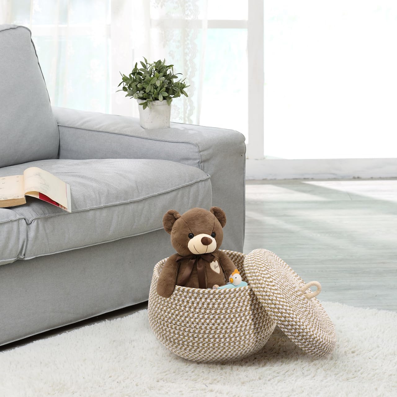 Zerodeko Cotton Rope Basket with Lid Round Woven Basket Decorative Storage Bin Organizer Box Lidded Baskets Egg Holder Jewelry Box Cosmetic Holder for