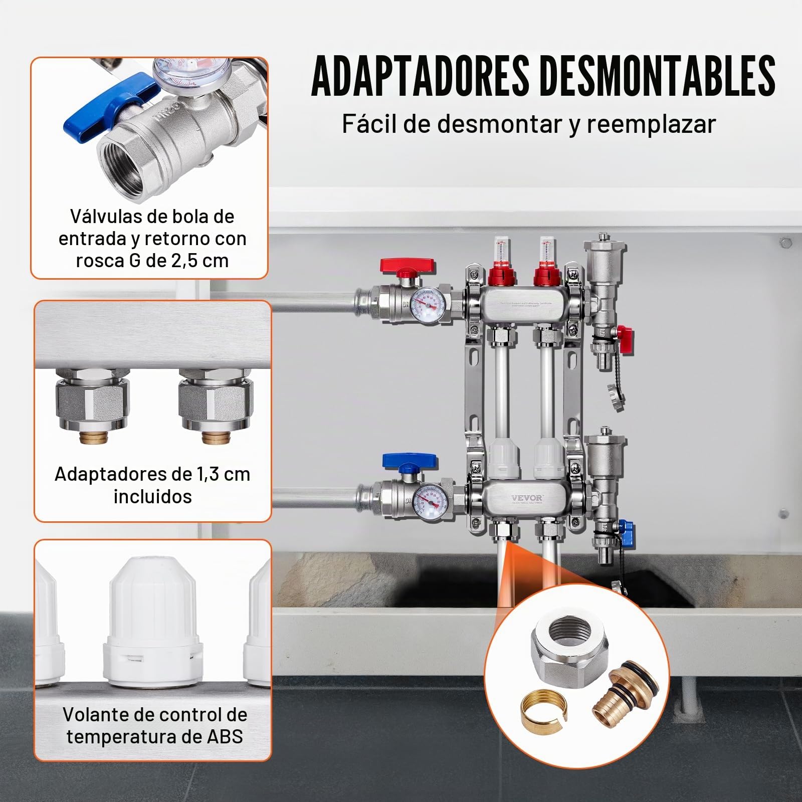 VEVOR Colector de Calor Radiante de 2 Derivaciones, Colector de Tubería PEX de Acero Inoxidable SUS304 para Calefacción por Suelo Radiante Hidrónico, con Adaptadores, 290 x 370 x 110 mm, 0-5 L/min
