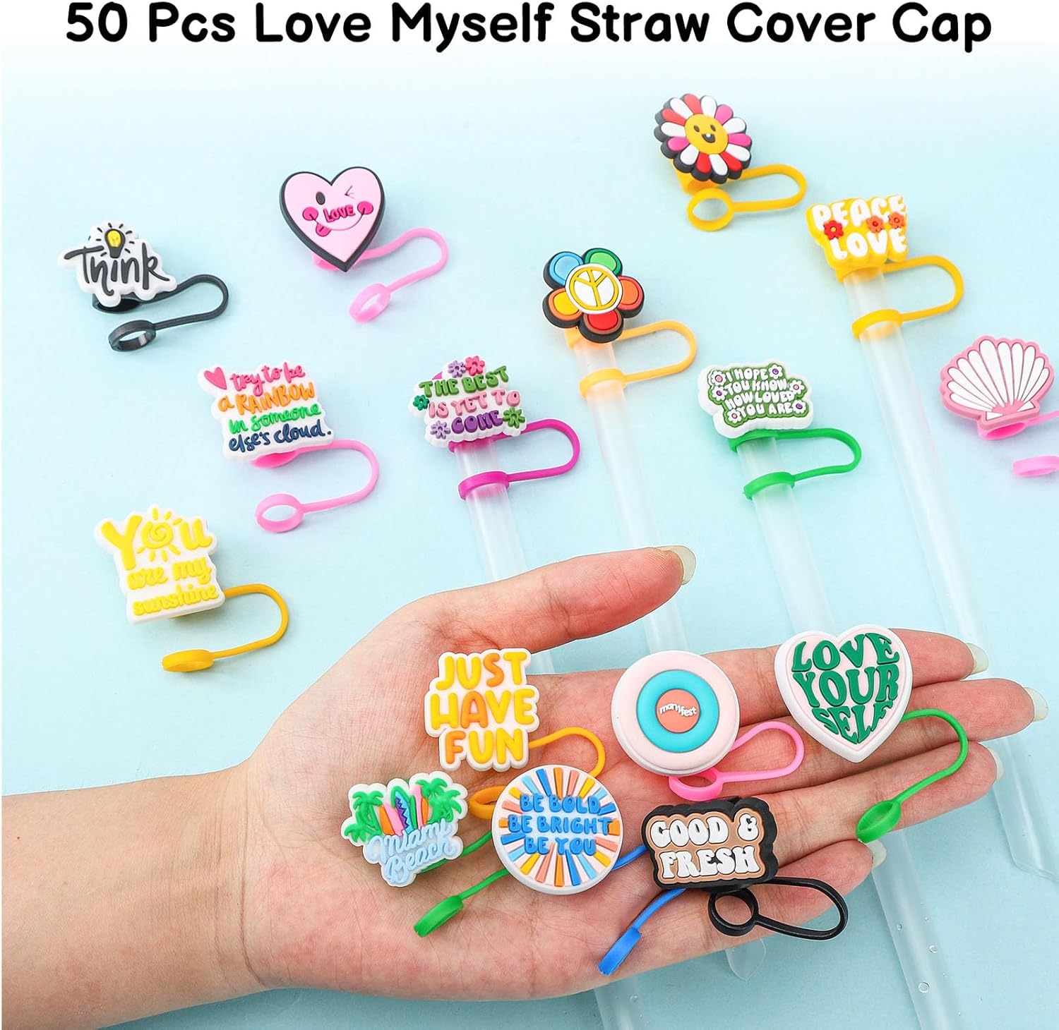 50 Pcs Love Myself Straw Cover Cap Compatible with Stanley Cup, Silicone Cute Reusable Straw Toppers for Cups 30&40 Oz Tumbler Accessories 10mm - Image 4