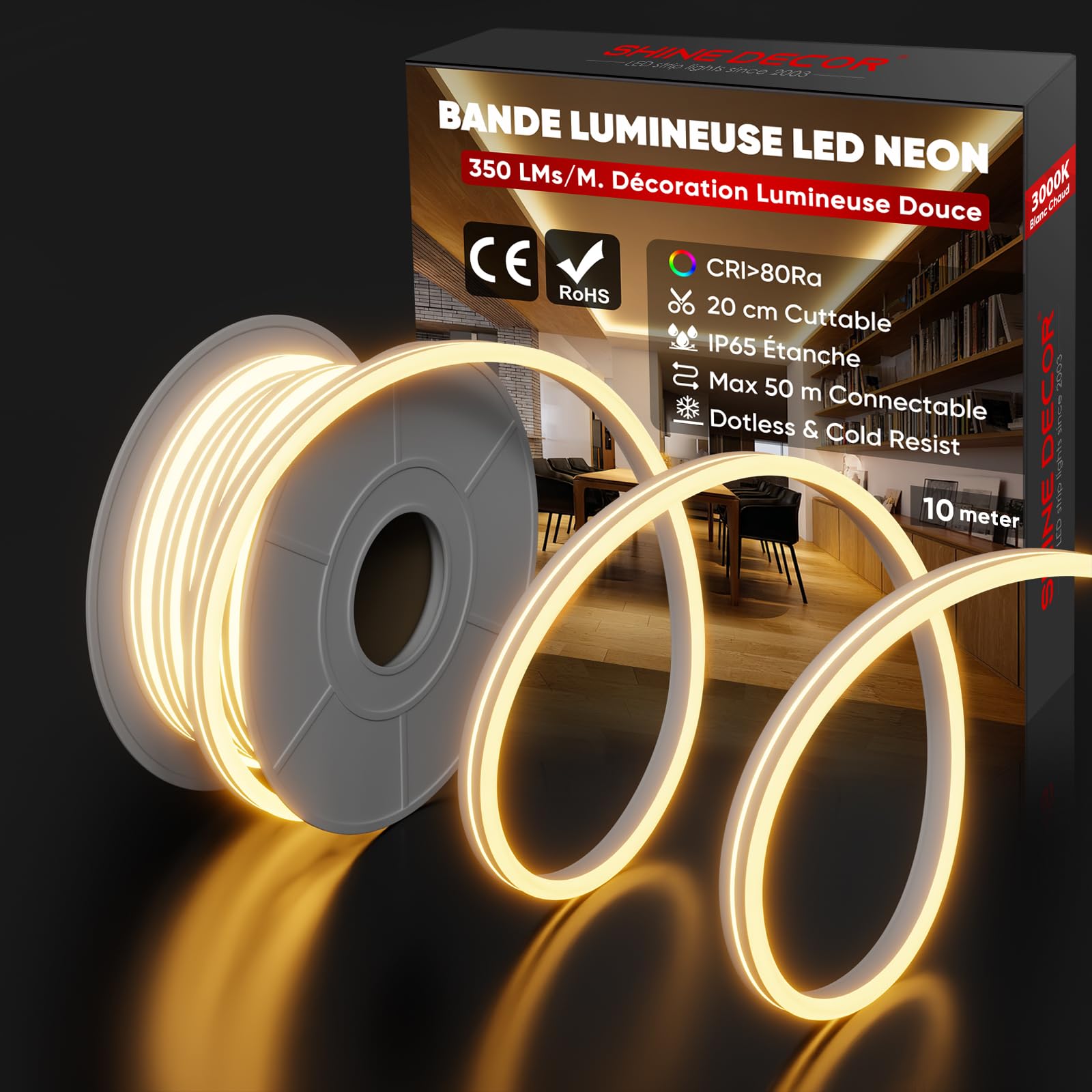 Shine Decor Neon Ruban LED 10m, 230V Bande lumineuse, IP65 Etanche, 10W/M, 350LM/M, 120 leds/m Neon LED Strip pour Décoration Maison Cuisine Jardin Eclairage LED (Blanc Chaud)