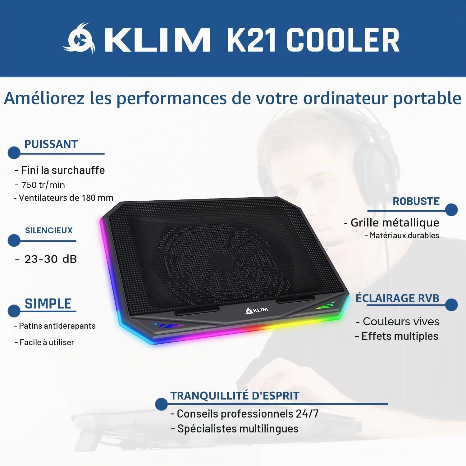 KLIM K21 + Refroidisseur PC Portable RGB + 11" - 17" + Support PC Portable Ventilé Gamer + Ventilateur Puissant + Stable et Silencieux + Compatible Mac et PS4 + NOUVEAUTÉ 2022