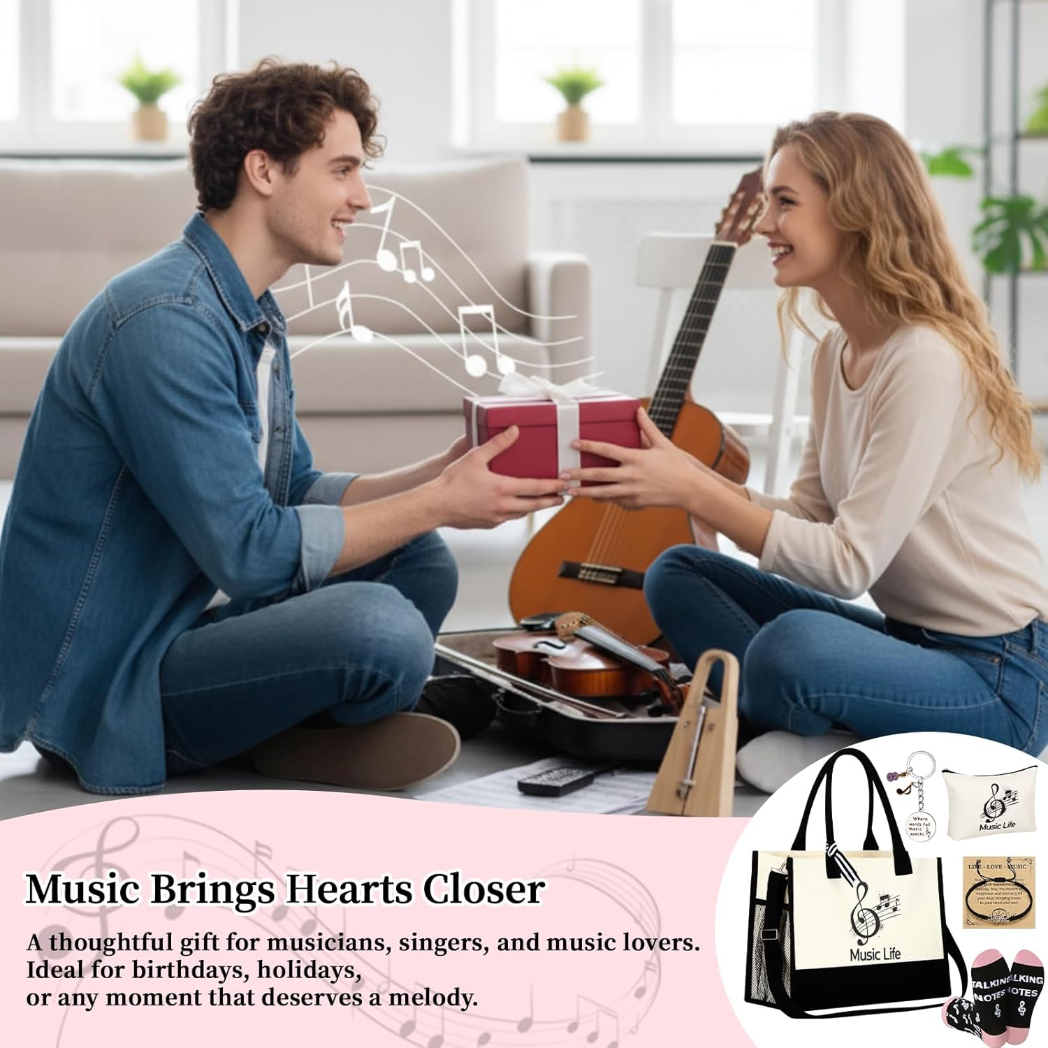 6 Pcs Music Theme Gifts for Women Canvas Tote Bag Cosmetic Pouch Crew Socks Bracelet Cards Keychains Musical Lovers Gifts Musicial Students Teachers Musicians Favors for Birthday Valentine - Image 6