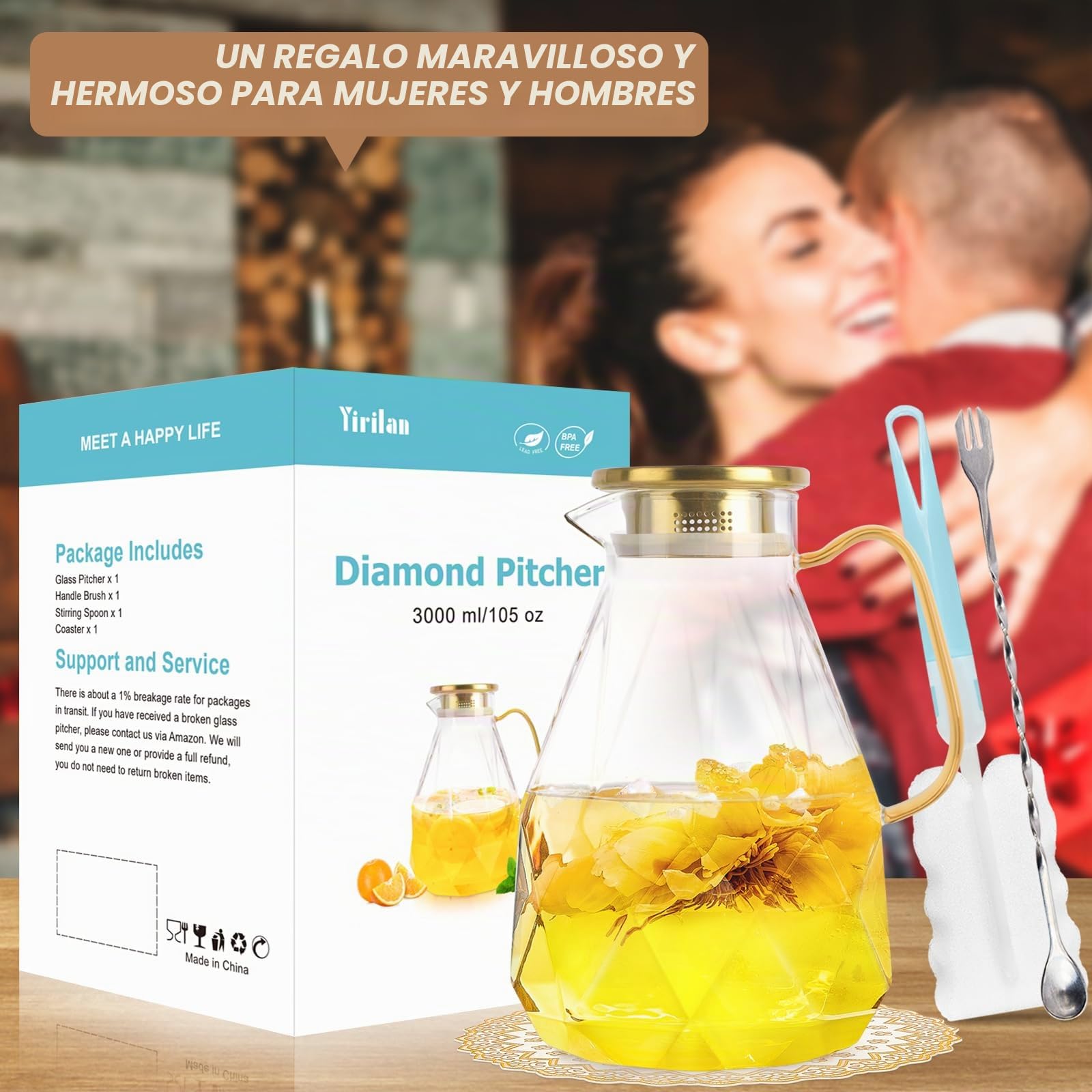 Jarra de cristal transparente de 3 litros con tapa, con forma de diamante, para frigorífico, apta para lavavajillas