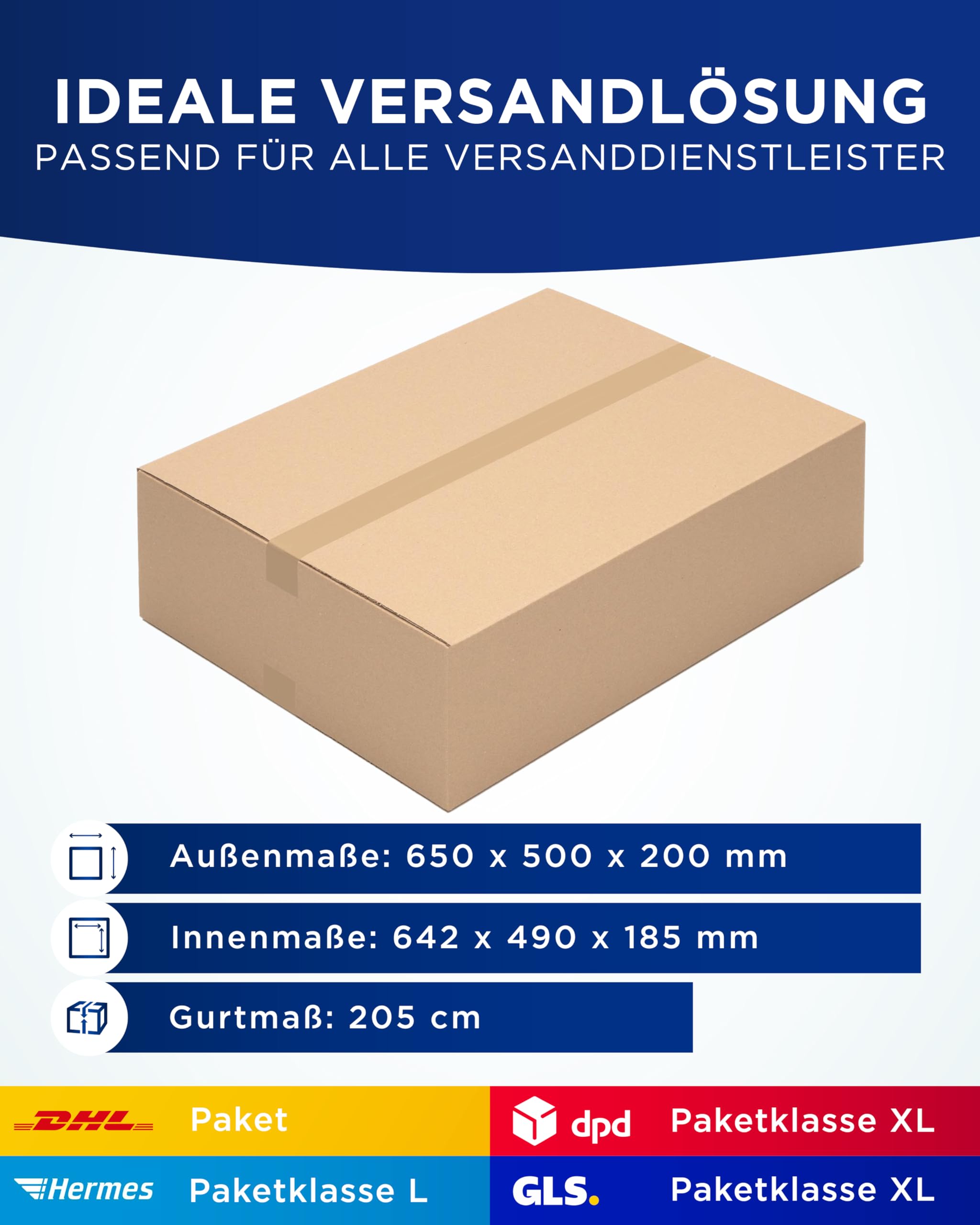 KK Verpackungen Versandkartons 650 x 500 x 200 mm Braun 1-wellig (Innenmaß 642 x 490 x 185 mm) | 20 Stück, Faltkartons Kartons für Versand als DHL Paket Hermes Paketklasse L DPD GLS Paketklasse XL