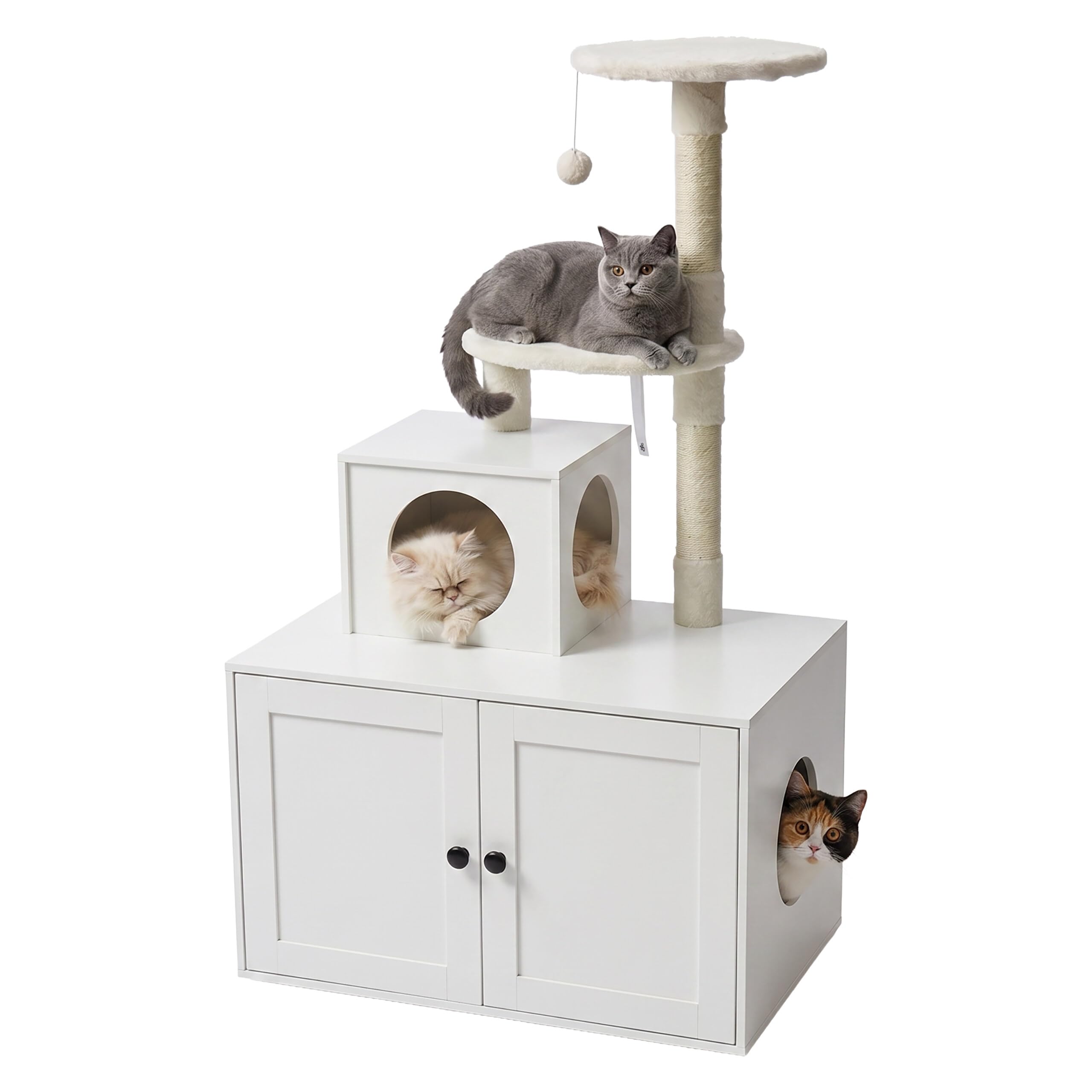 Relaxdays Árbol rascador con Armario para arenero, 133x78x49cm, Blanco | Troncos de sisal y hamaca, efecto madera, torre para gatos