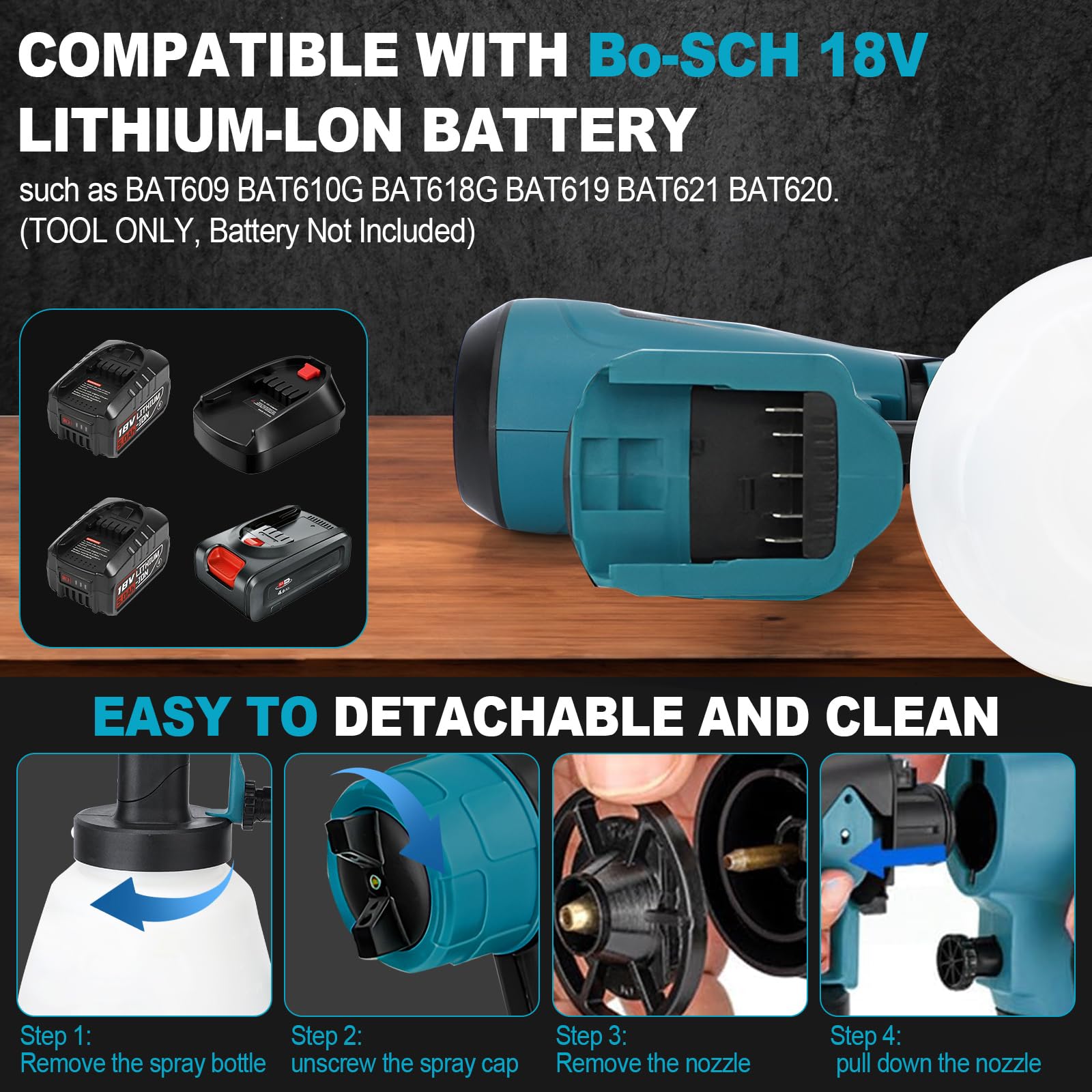Sistema de pulverización de pintura a batería para batería Bosch de 18 V, sin escobillas, pistola de pintura eléctrica HVLP con 4 boquillas, 3 patrones y depósito de 1000 ml para vallas, terrazas