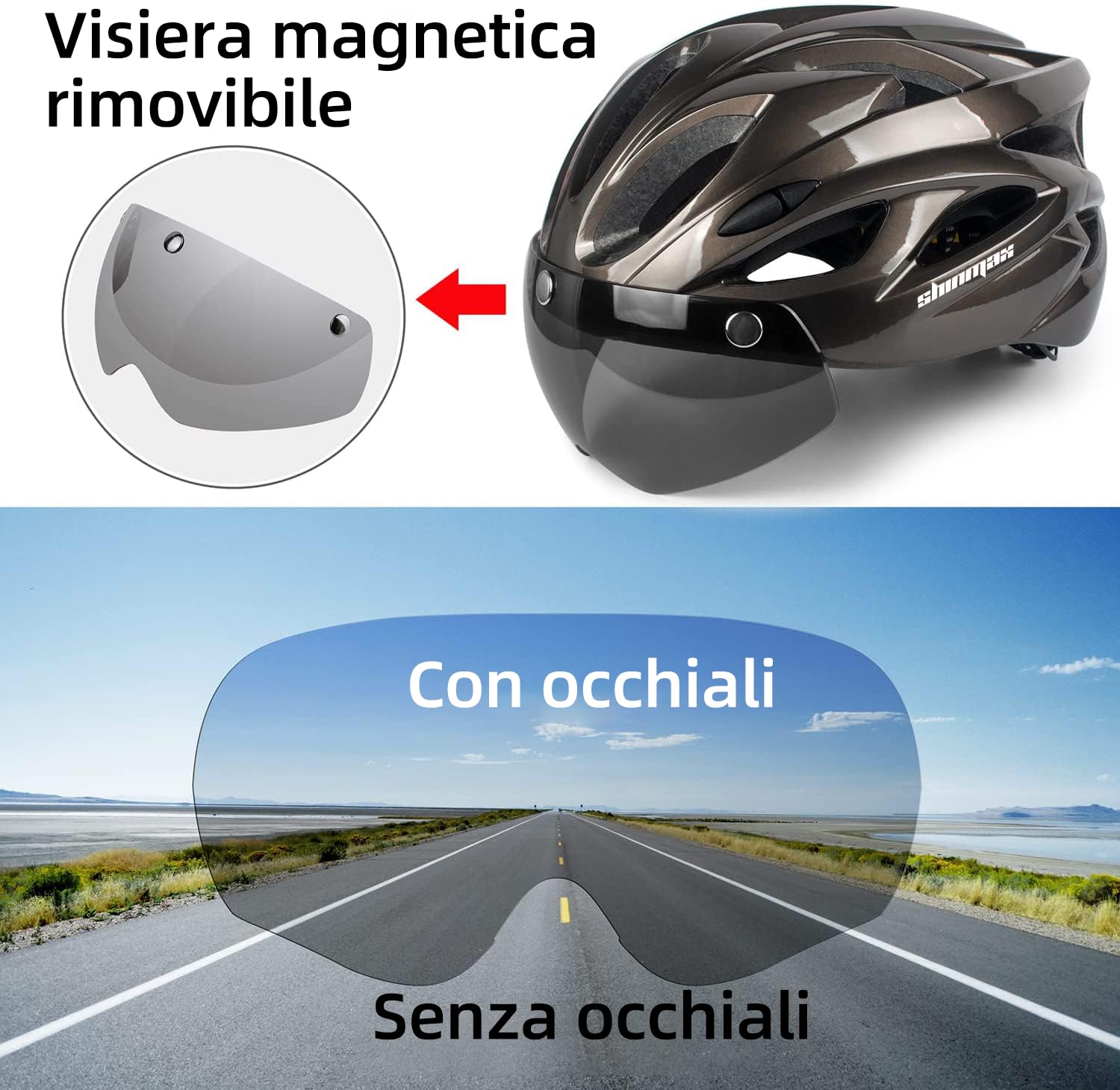 Shinmax Casco Bici Uomo Donna con Luce di LED Casco MTB con Visiera Magnetica Staccabile Shield Caschi Bici Leggero Casco da Bicicletta Unisex Adulto Caschetto Bici Ciclismo Regolabile 56-62cm