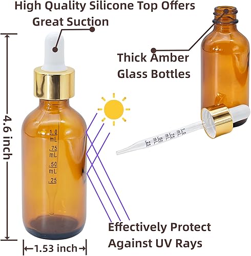 Miniatura 7 de paquete de 4 botellas cuentagotas de vidrio ámbar de 2 onzas, 60 ml botellas de vidrio con cuentagotas medido para aceites esenciales, líquidos -
