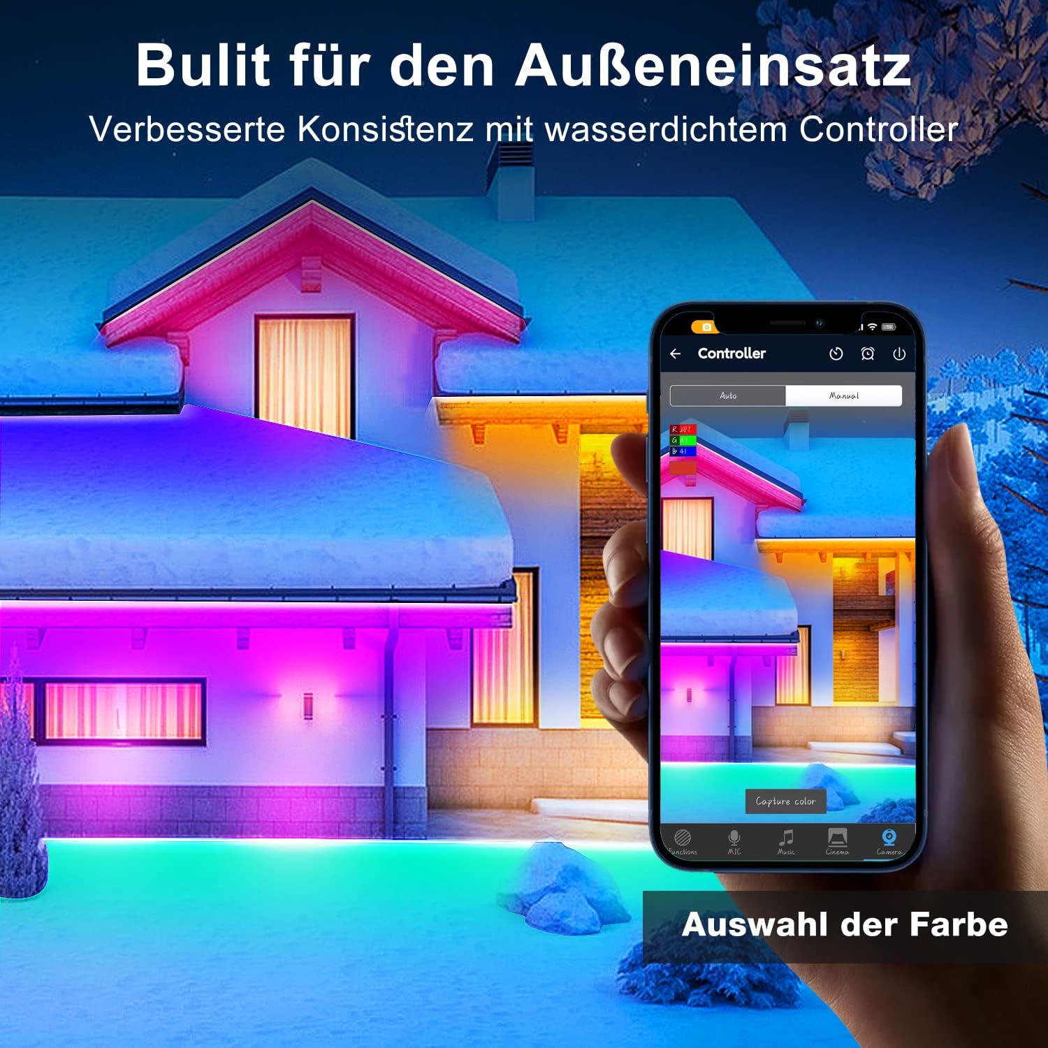 80M IP67 RGB LED Streifen Aussenbereich Wasserdicht, Bluetooth Outdoor LED Strip mit App, Remote und Music Sync, Lichtband Selbstklebend für Garten, Balkon, Terrasse, Festival (40M*2)