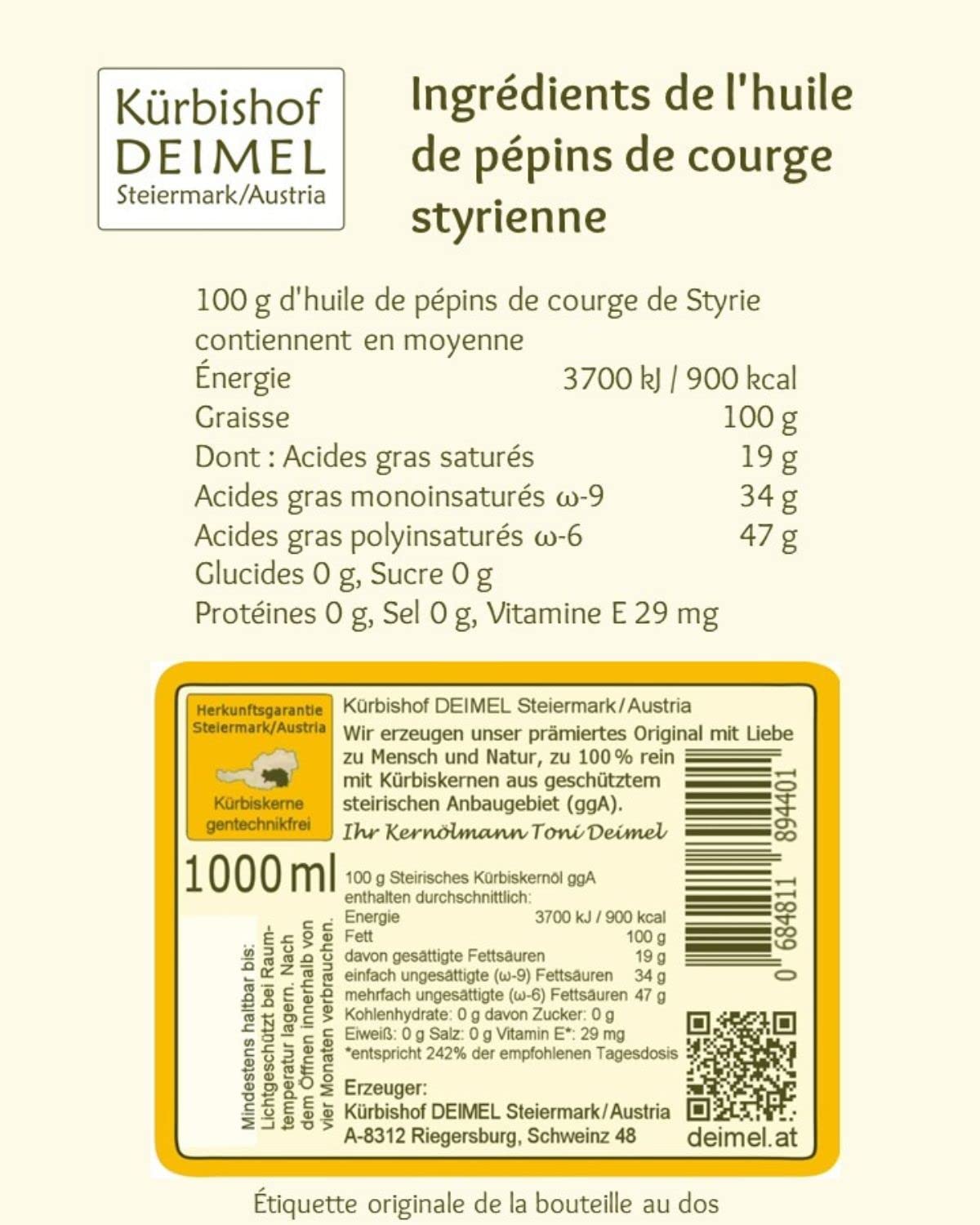 Kürbishof DEIMEL Steiermark/Austria - Bouteille de 1000 ml - Huile de pépins de courge originale de Styrie, IGP (Autriche)