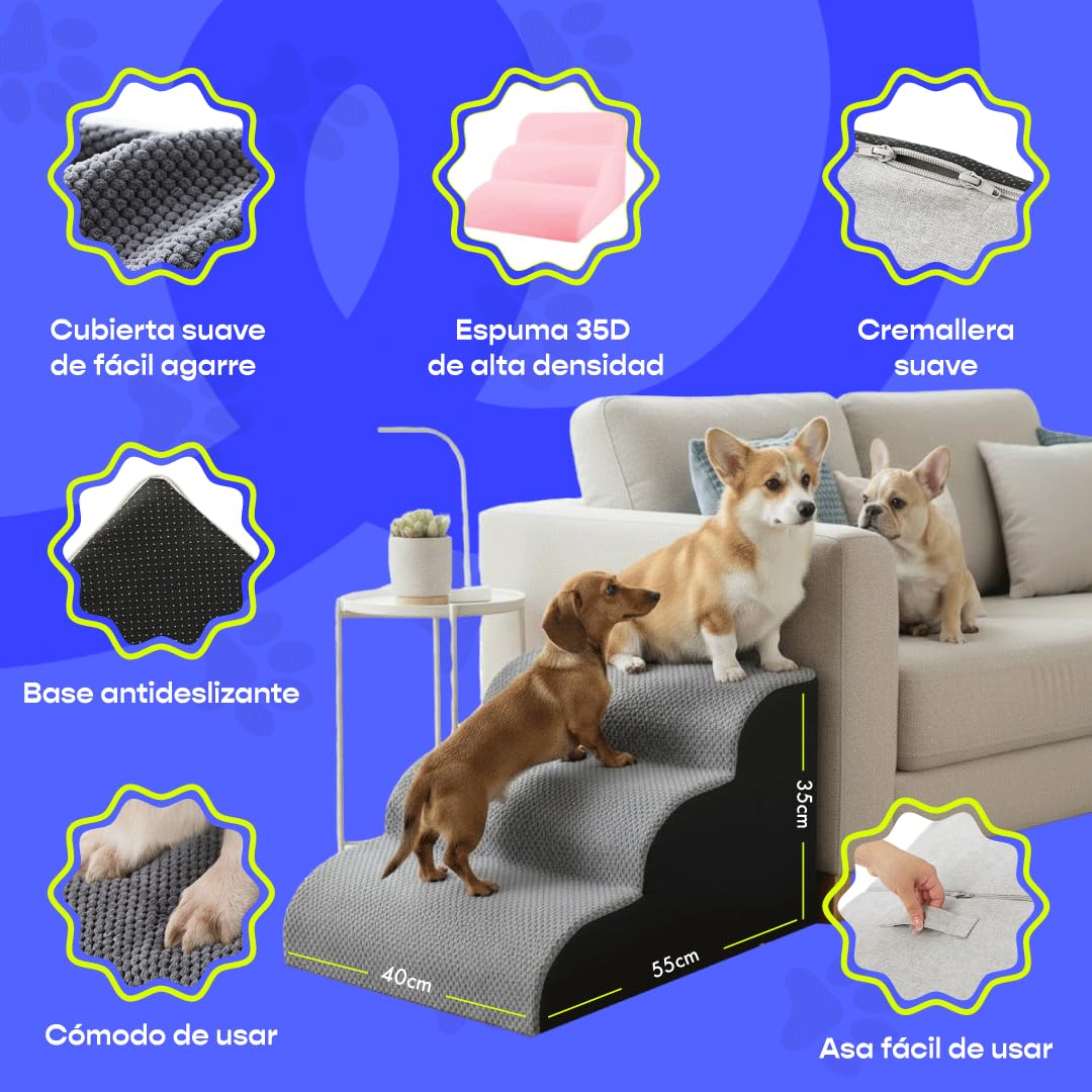 Escalera para Perros y Gatos | Rampa Mascotas Antideslizantes para Sofá y Cama | Diseño Estable, Seguro y Ergonómico | Ideal para Mascotas Pequeñas, Mayores o con Movilidad Reducida