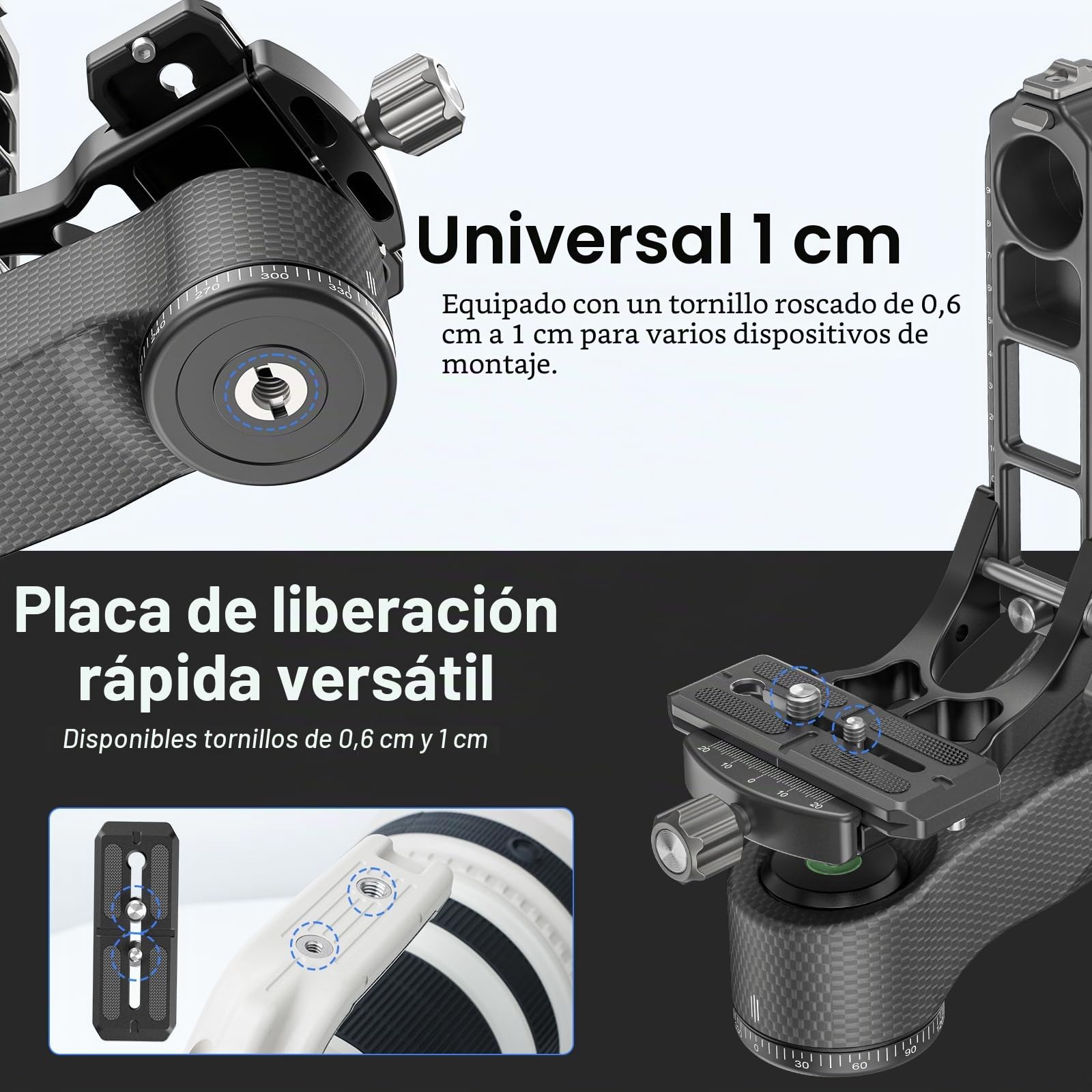WEYLLAN Cabezal de Trípode de Cardán, Gimbal Head de 360°, Cabezal Trípode Profesional de Fibra Carbono, con Placa de Liberación Rápida Arca-Swiss de 1/4'' y 3/8'', Carga Máxima 20kg para Cámara DSLR