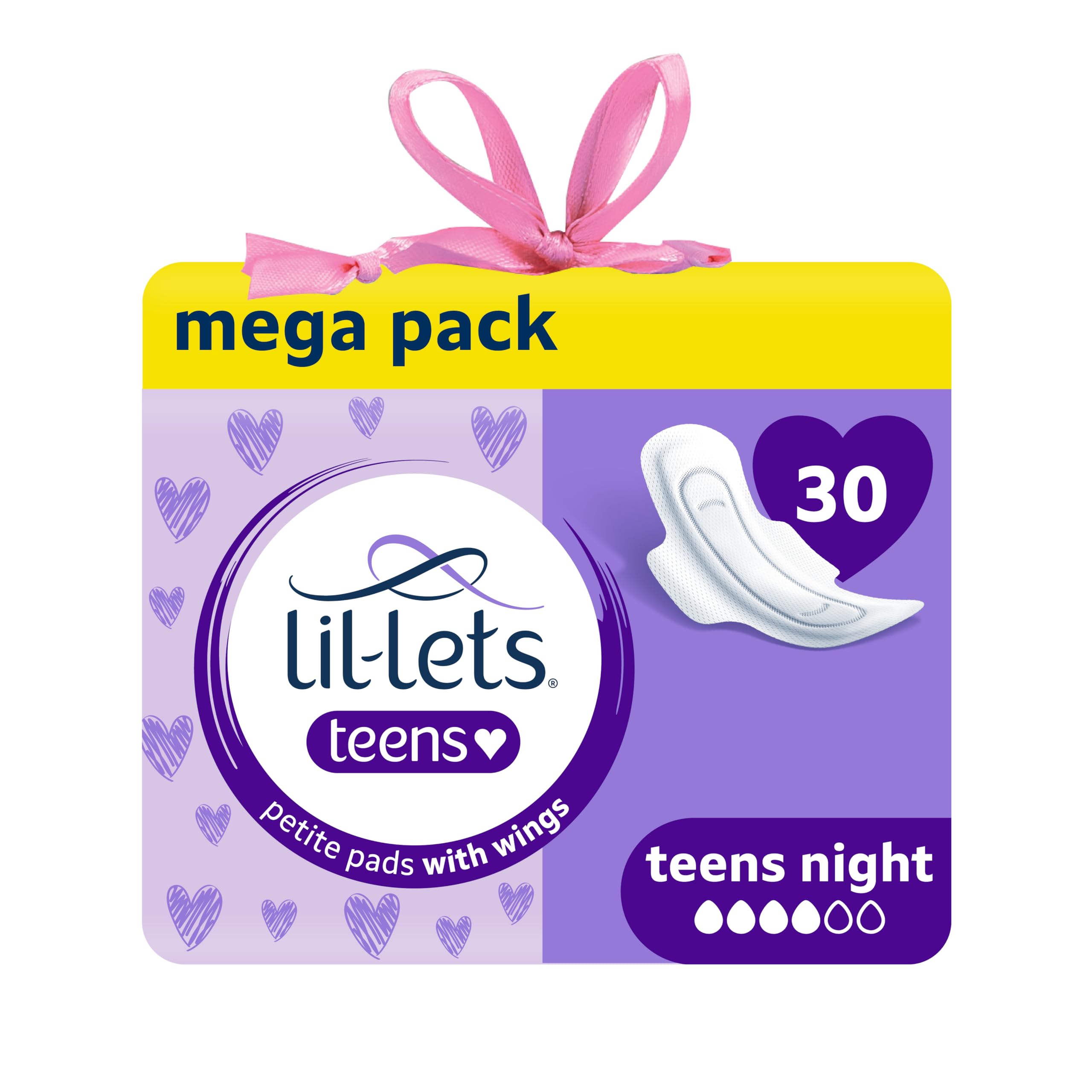 Lil-Lets Teens Night Pads with Wings - 30 Count Period Pads - Thin, Super Absorbent Sanitary Napkins, Soft &amp; Breathable, Fragrance Free - First Periods, Heavy Flow Nights