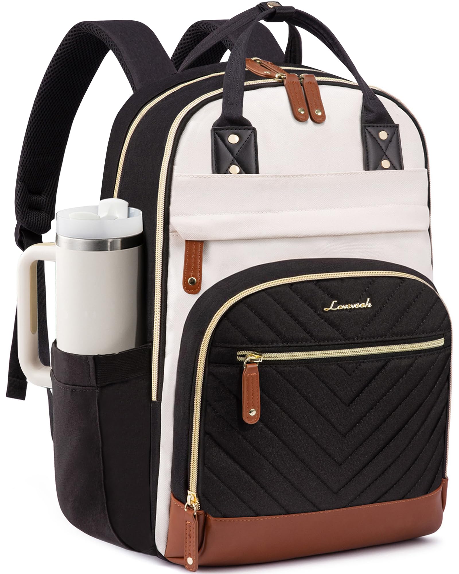 LOVEVOOK Laptop Backpack Women with Giant Tumbler Holder,15.6 inch Waterproof Work Travel Backpack Computer Laptop Bag,Cute College Nurse Teacher Backpack Purse,Gifts for Women & Men,Beige-Black-Brown