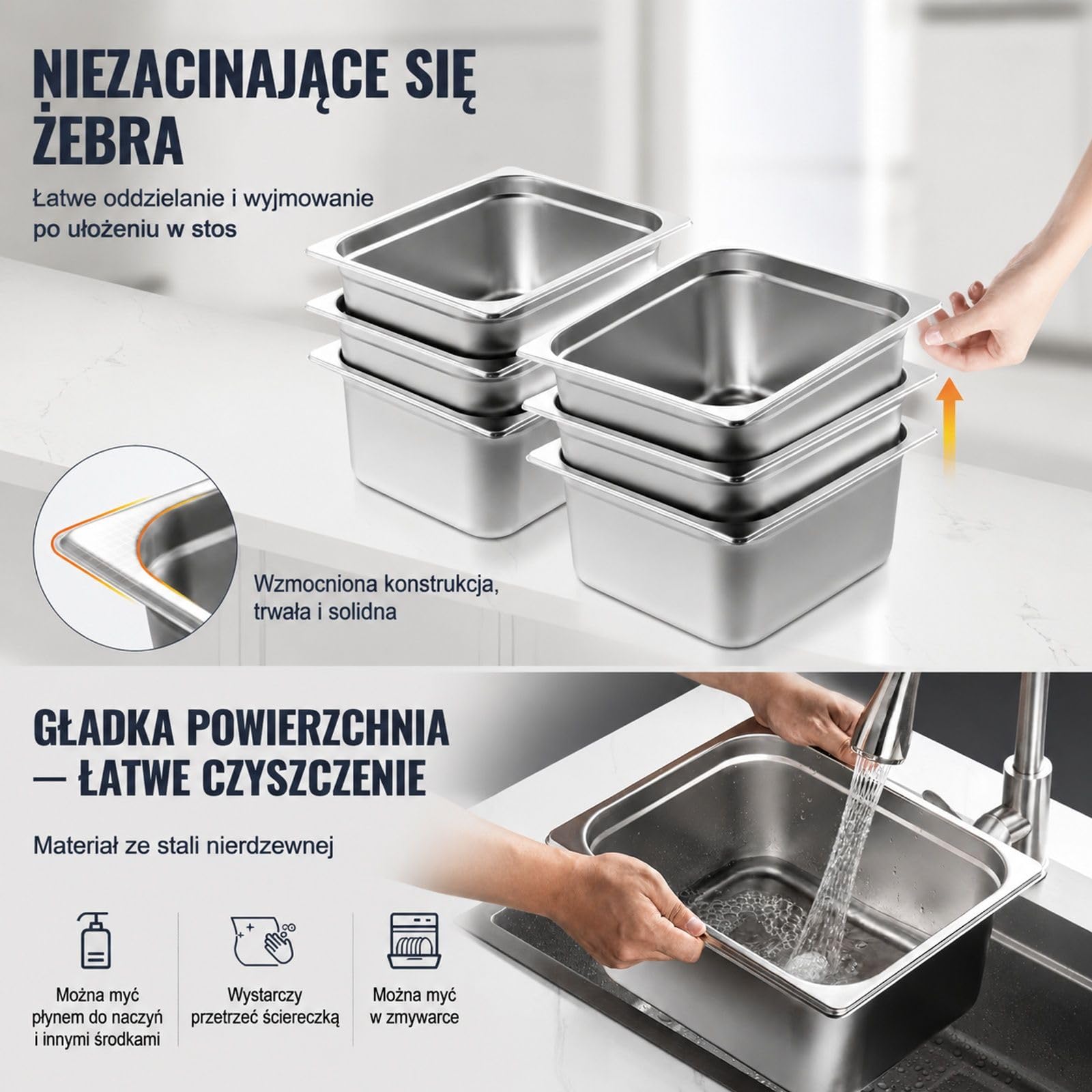 Zestaw 6 pojemników Gastronorm 1/2 ze stali nierdzewnej 201 do bufetu, cateringu, hotelu i stołu parowego