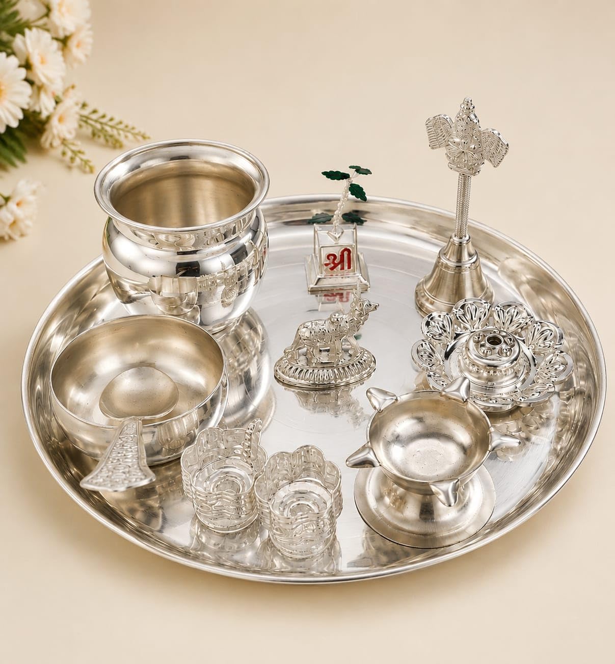 Silver Plated Pooja Thali Set for Home Temple | Complete Pooja Kit with Kalash, Diya, Bell, Agarbatti Stand, Bowl, Cow Idol, Tulsi Vrindavan & Bell | Mandir Accessories for Diwali & Gift-picture-17
