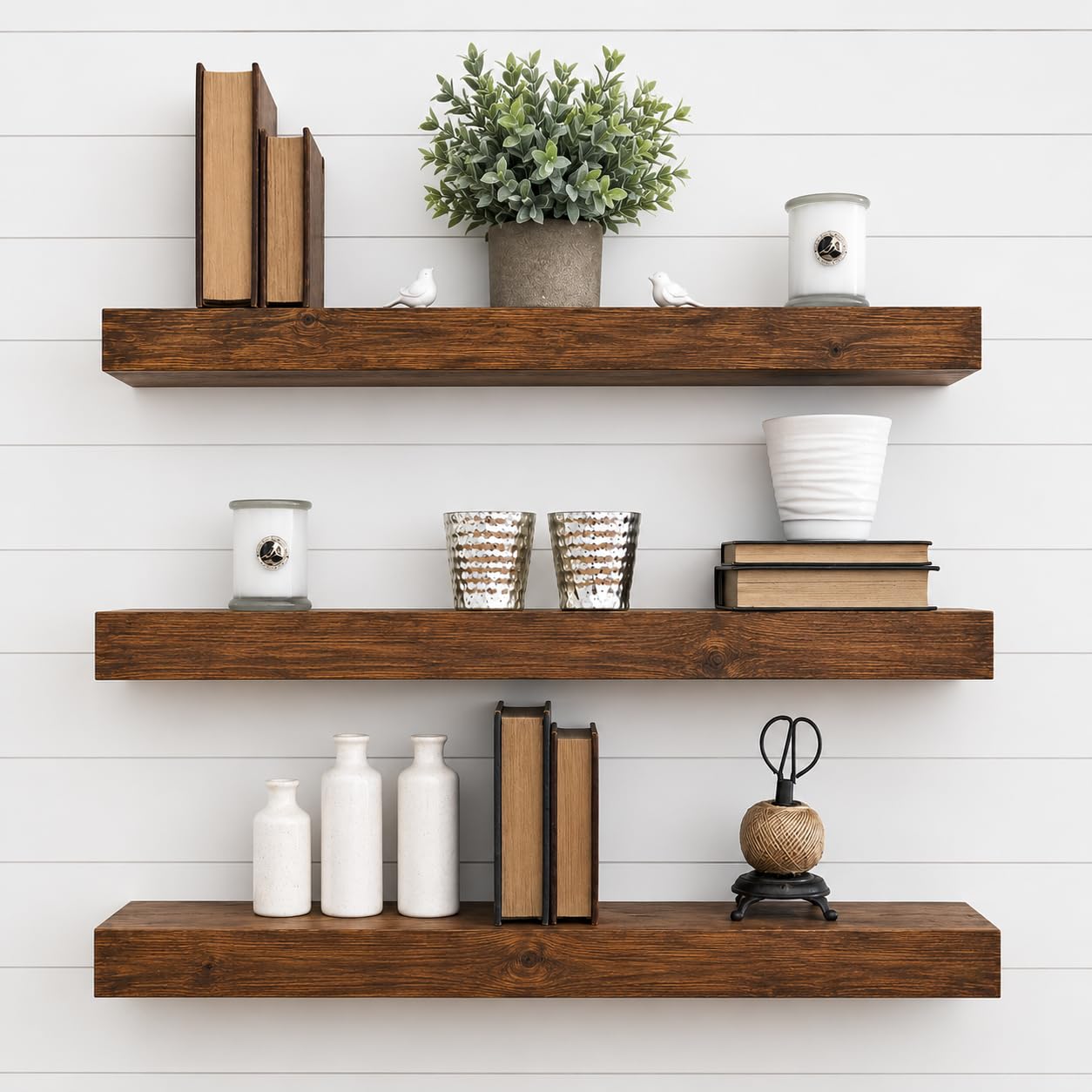 Solid Sheesham Wood Floating Shelves Set of 3 | Rustic Wooden Wall Shelf for Living Room, Bedroom & Kitchen | Wall Mounted Decorative Storage (22 Inch)-image-13